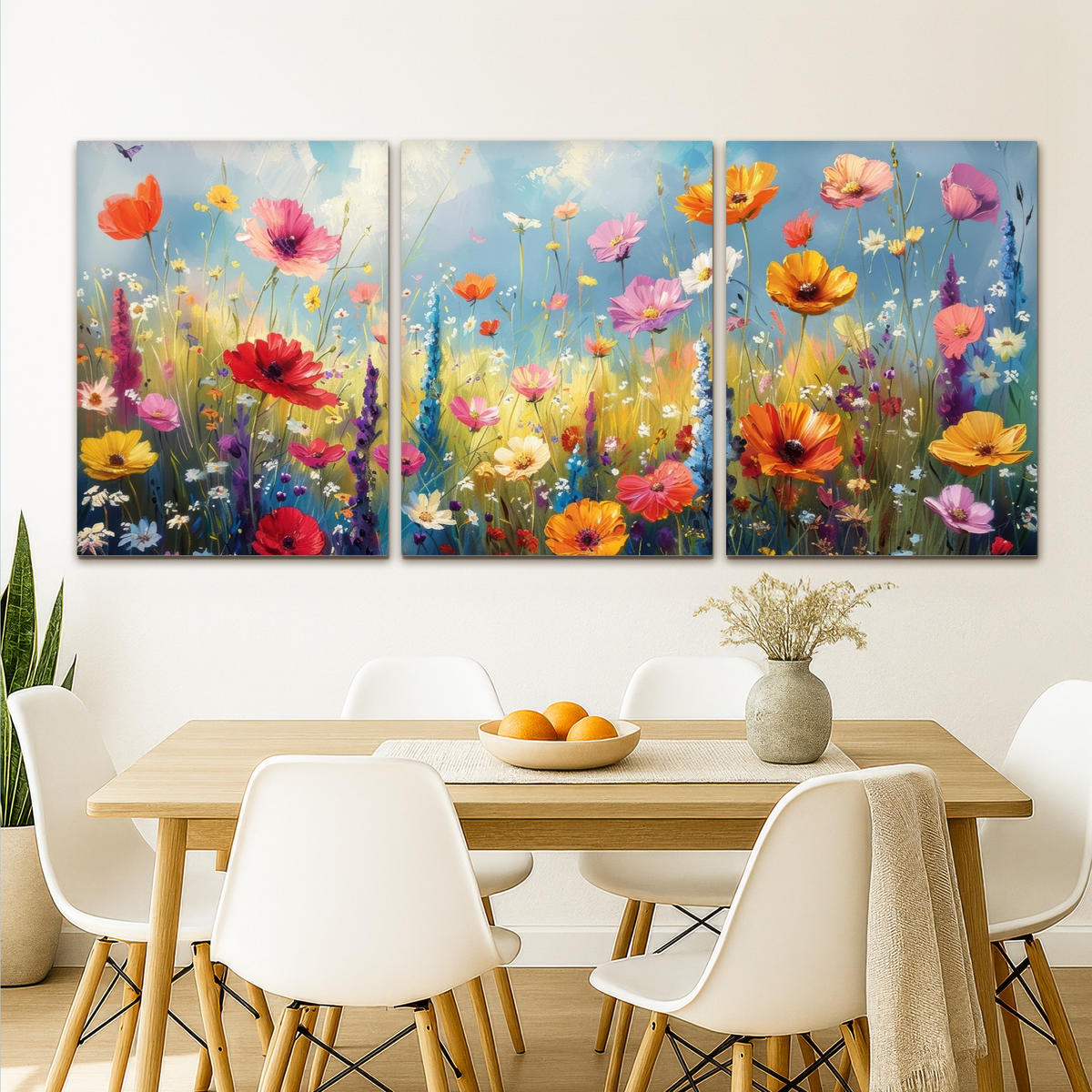 LEINWANDBILD 3er Set Blumen - Frühling - Farbenfroh - Sommerlich 180x80 cm - Orange, Textil (180/80cm) - MuchoWow