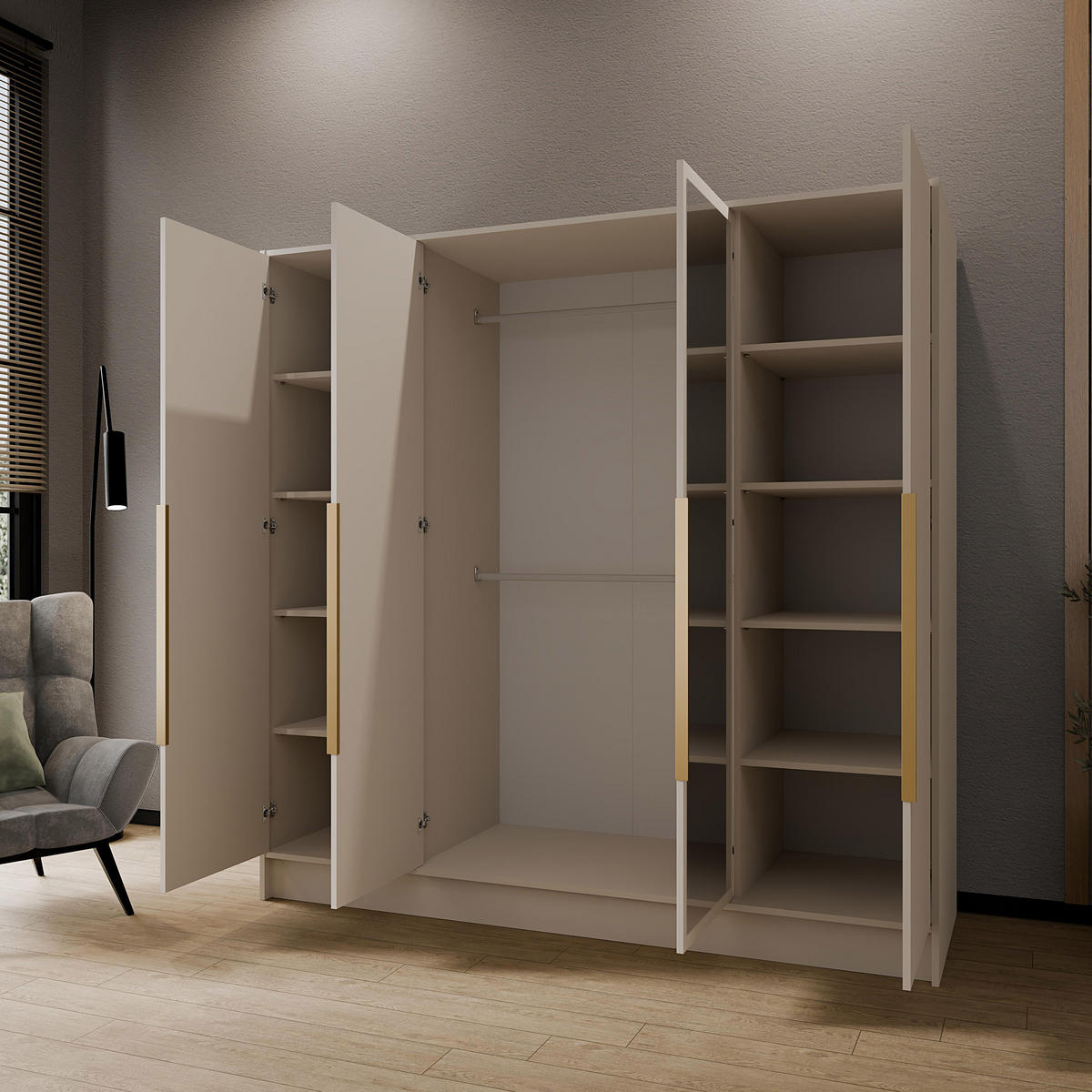 DREHTÜRENSCHRANK Laro mit Spiegel, Kaschmir mit goldenen Griffen, 200 cm - Kaschmir, Holzwerkstoff (200/200/51cm) - Beautysofa