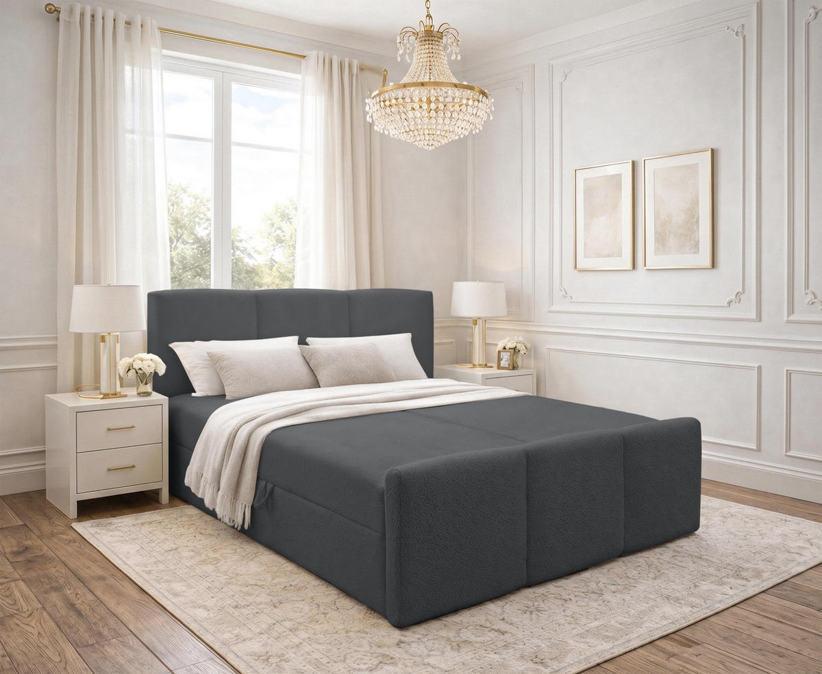 BOXBETT ANKARRA 160x200 cm mit Bettkasten und Matratze - Grau + TOPPER - Schwarz/Grau, Holz/Holzwerkstoff (160/200cm) - AX Living