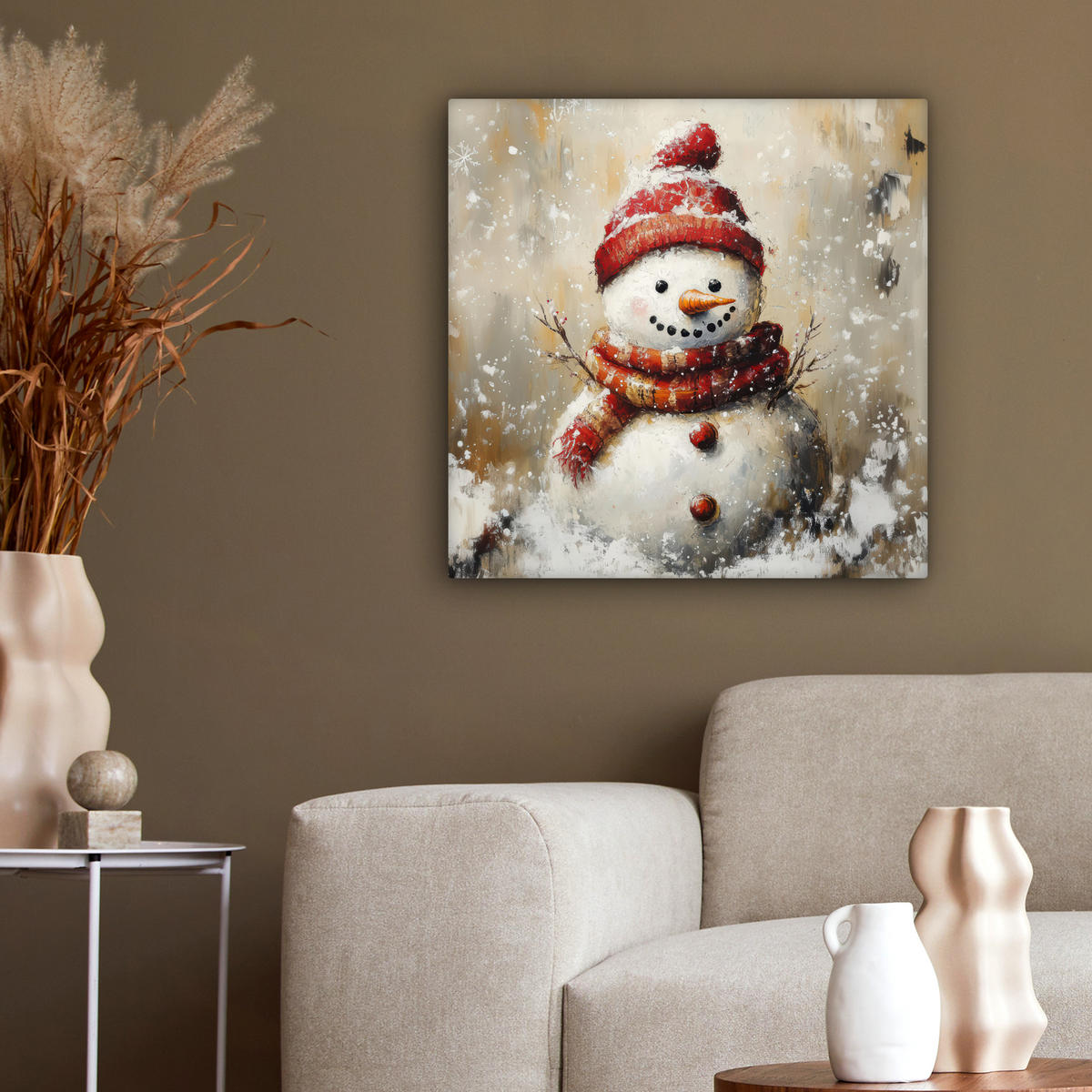 LEINWANDBILD Schneemann - Winter - Schnee - Beige 50x50 cm - Weiß, Textil (50/50cm) - MuchoWow