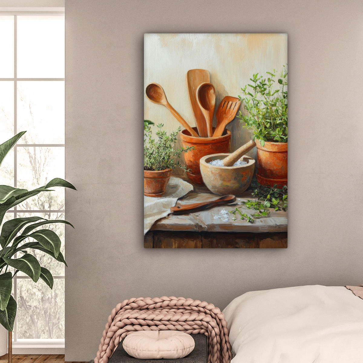 LEINWANDBILD Töpfe - Kräuter - Holz 80x120 cm - Terracotta, Textil (80/120cm) - MuchoWow