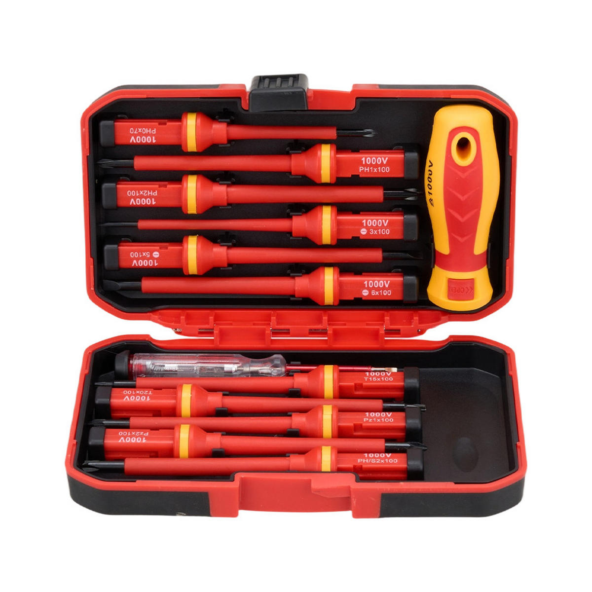 SCHRAUBENDREHER-SET mit Werkzeugkasten 13-teiliges isolierter aus PP, TPR, S2-Stahl in Rot/Gelb - Gelb, Metall (12.5/21/4.5cm) - Livingandhome