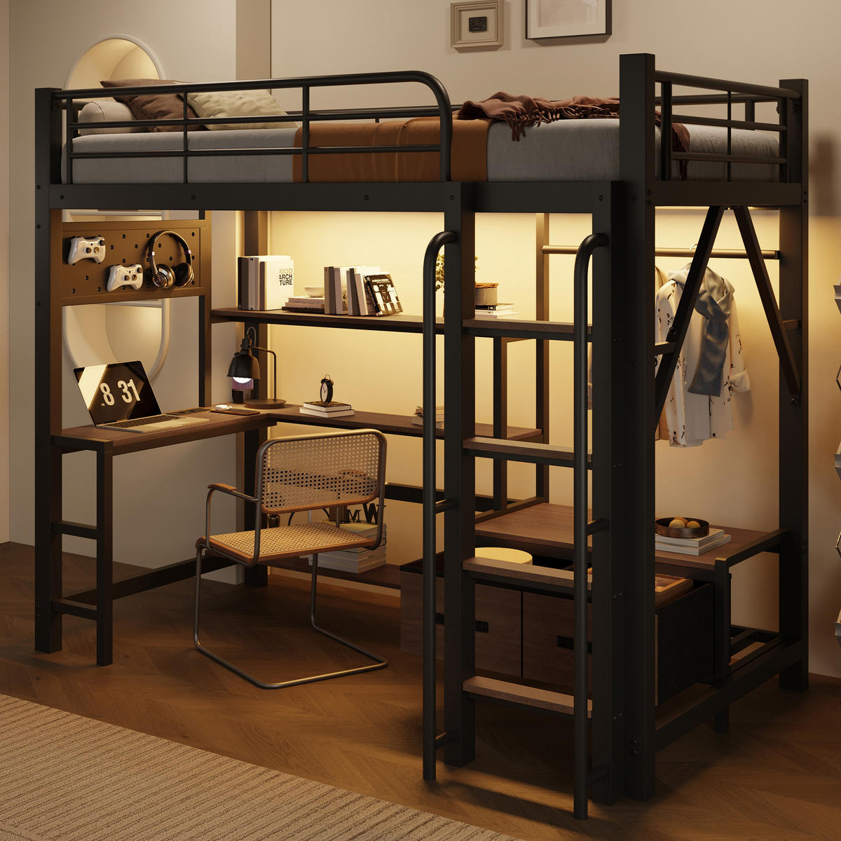 HOCHBETT 90/200 cm mit Eisenrahmen Schwarz, Schreibtisch, Lochwand und LED-Licht - Schwarz, Metall