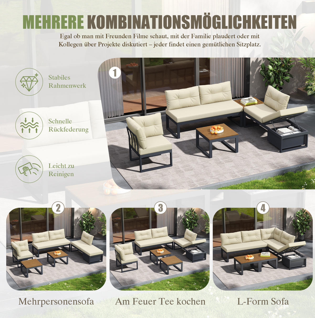 LOUNGEGARNITUR 191,5/79/191,5 cm Beige aus Polyester mit Stauraum und 3-stufiger Verstellung - Beige, Textil - OKMYHOME