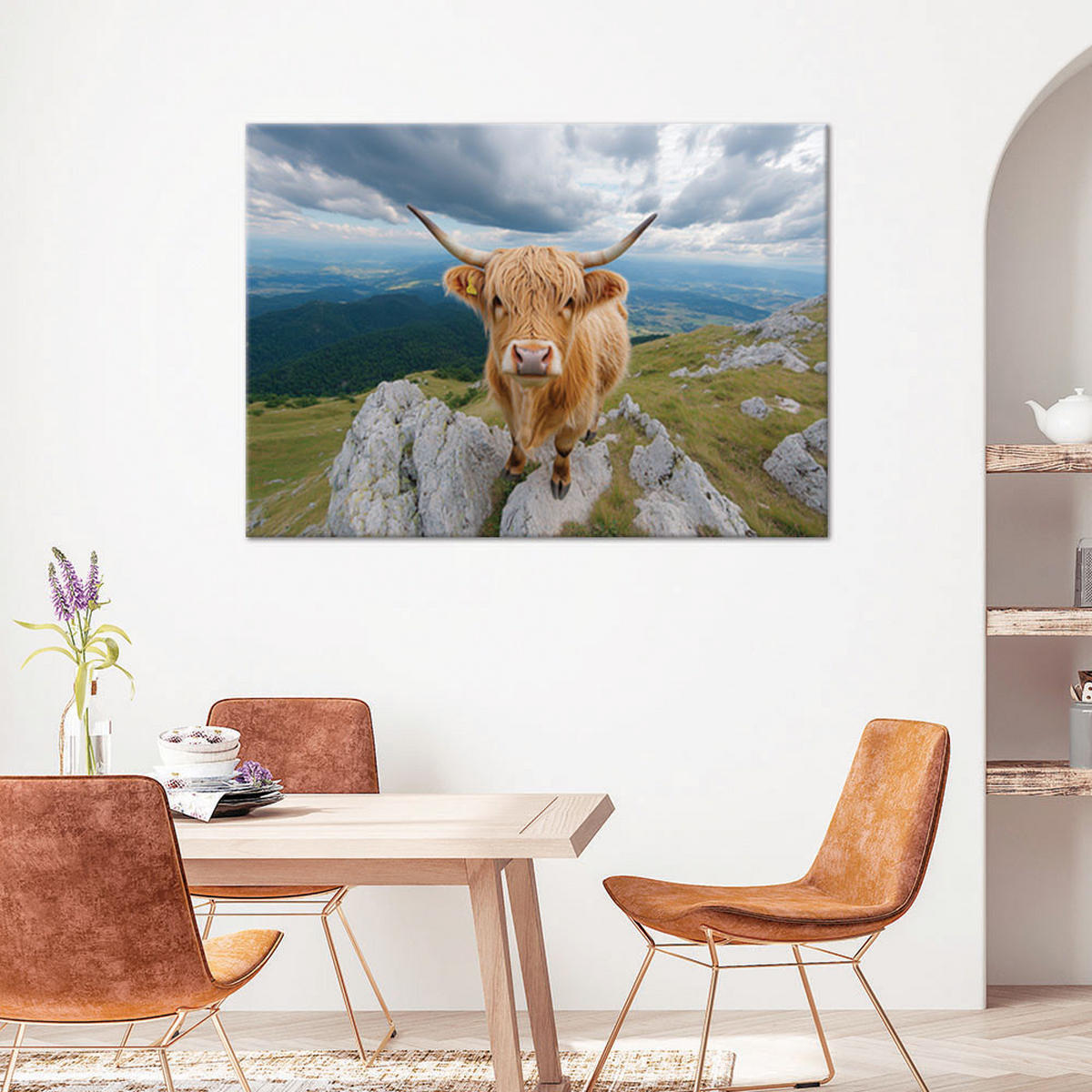 WANDBILD schottische highland cow rock mountains - Braun, Textil (60/40cm) - Feeby