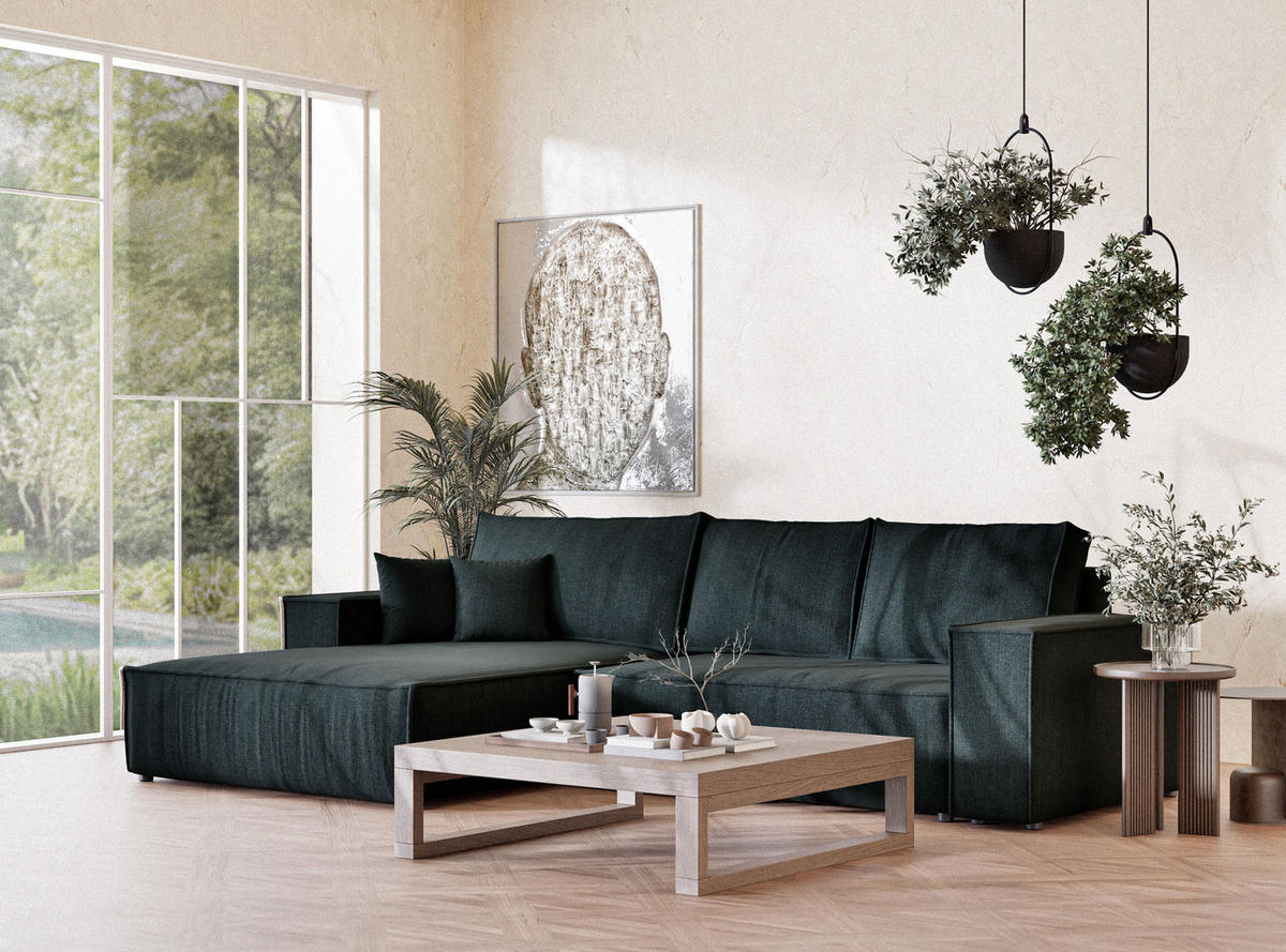 ECKSOFA Maze Türkis Webstoff - Links Seite - Türkis/Schwarz, Holz/Holzwerkstoff (185/294cm) - Maison de Reve