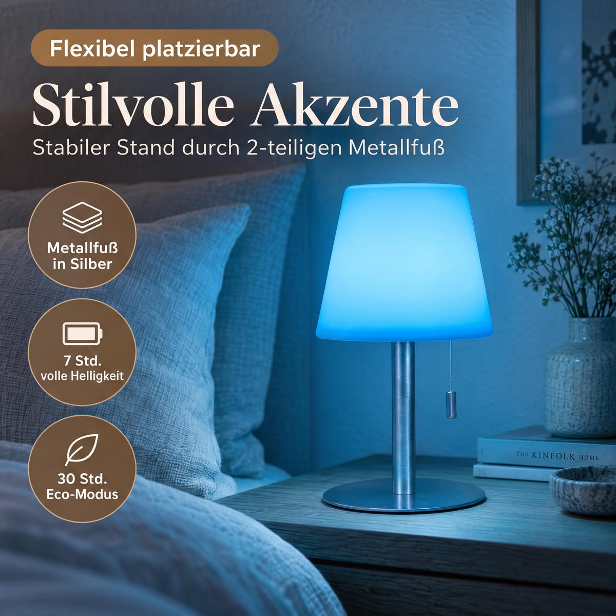 LED-TISCHLEUCHTE mit Akku 4400mAh stufenlos dimmbar Farbwechsel Zugschnur Metall-Standfuß silber H 30cm - Weiß, Metall (17/17/30cm) - Northpoint