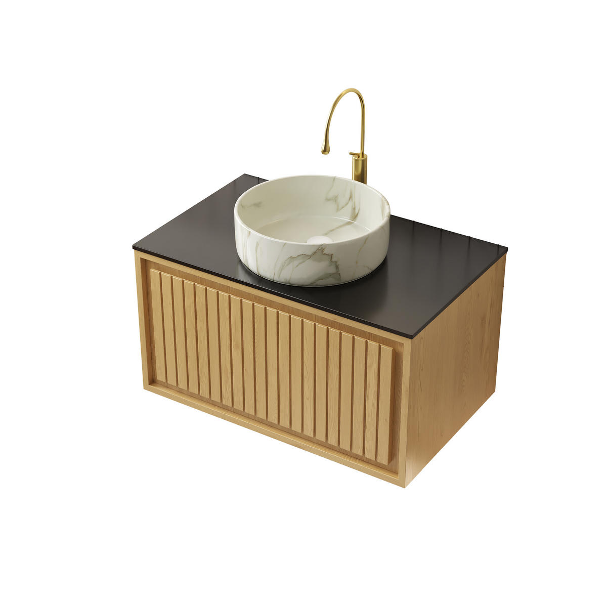 WASCHTISCHUNTERSCHRANK 76x48x53cm Schwarz&Goldene Eiche&Steinweiß mit Keramikaufsatzbecken & Schwebe-Design - Eichefarben, Keramik (76/53/48cm) - Modfu