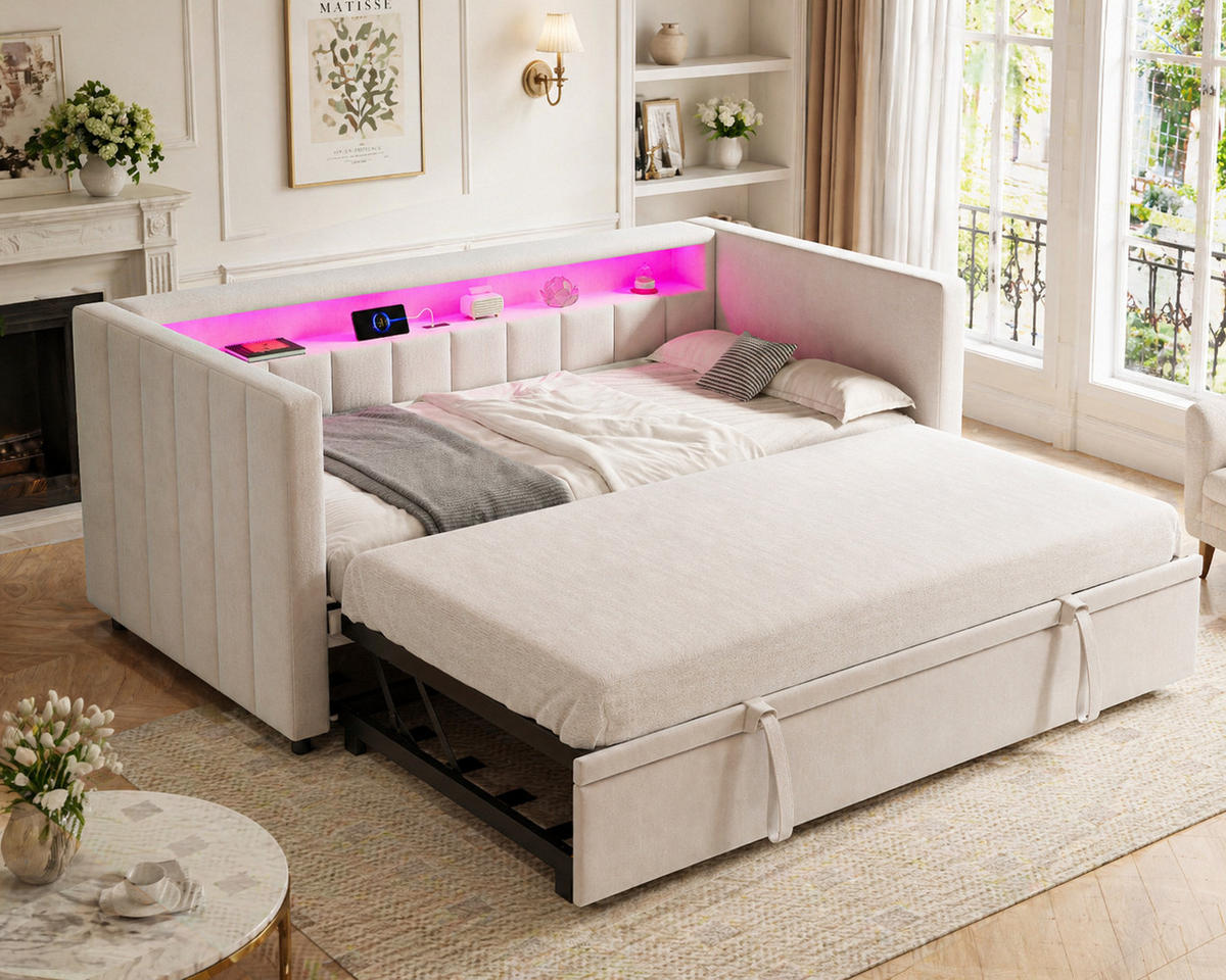 SCHLAFSOFA Beige aus Samt mit ausziehbarem Bett, LED-Beleuchtung und USB-Type-C Ladeanschlüssen - Beige, Textil (100/73/201cm) - Luhomfu