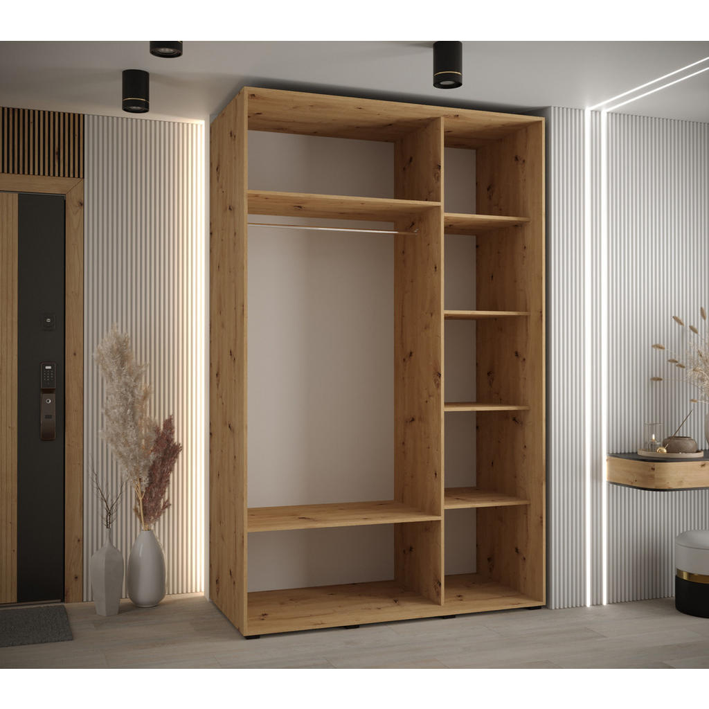 Thumbnail - Abiks Möbel Schwebetürenschrank, Eiche Artisan, Weiß, Schwarz, Metall, Nachbildung, 6 Fächer, 150x235x60 cm, Schlafzimme...