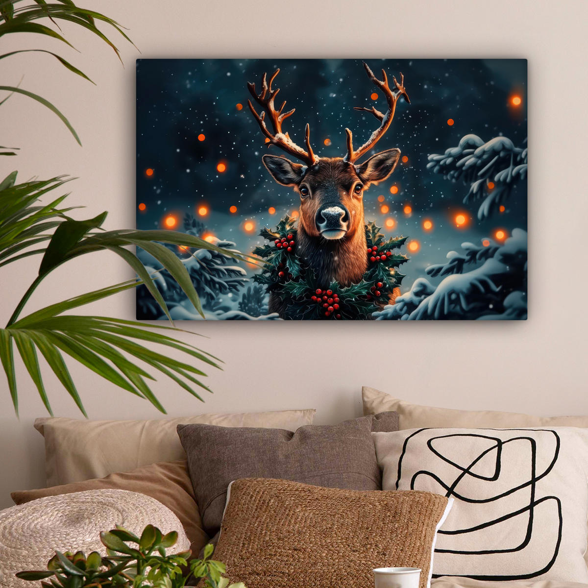 LEINWANDBILD Hirsch - Weihnachten - Winter - Schnee - Weihnachtskranz Gemälde 60x40 cm - Dunkelbraun, Textil (60/40cm) - MuchoWow