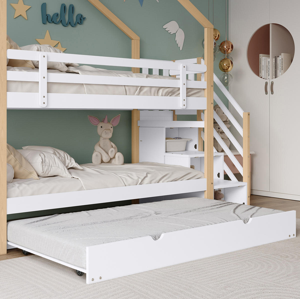 ETAGENBETT aus Massivholz und MDF 90x200 cm Natur/Weiß mit Ausziehbett, Treppe und Schubladen - Weiß, Holzwerkstoff (90/200cm) - IVMEU