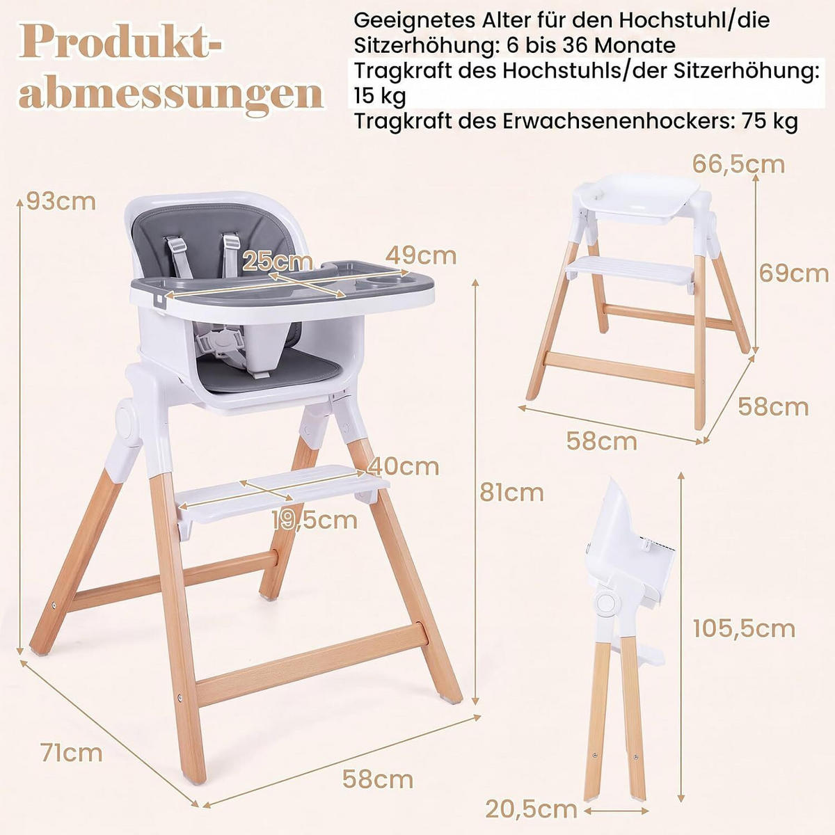 KINDERHOCHSTUHL mit Tablett grau - Grau, Holz (71/93/58cm) - COSTWAY