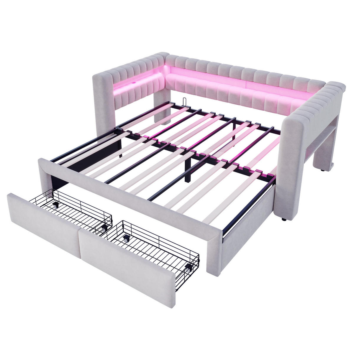 ČALOUNĚNÁ rozkládací postel 90/190 cm s přistýlkou, zásuvkami, LED, USB a úložným prostorem, samet, Světle šedá - světle šedá, textil (90/190cm) - Redom