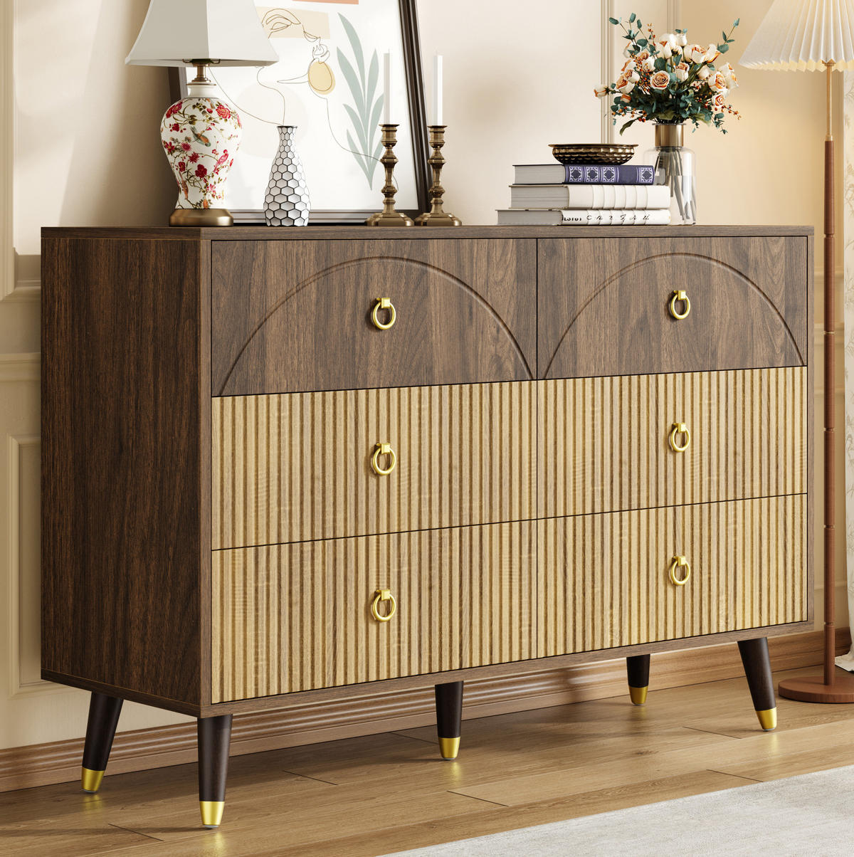 KOMODA 120/40/81 cm přírodní z MDF a dřevotřísky se 6 zásuvkami - přírodní, kompozitní dřevo (120/81/40cm) - OKWISH