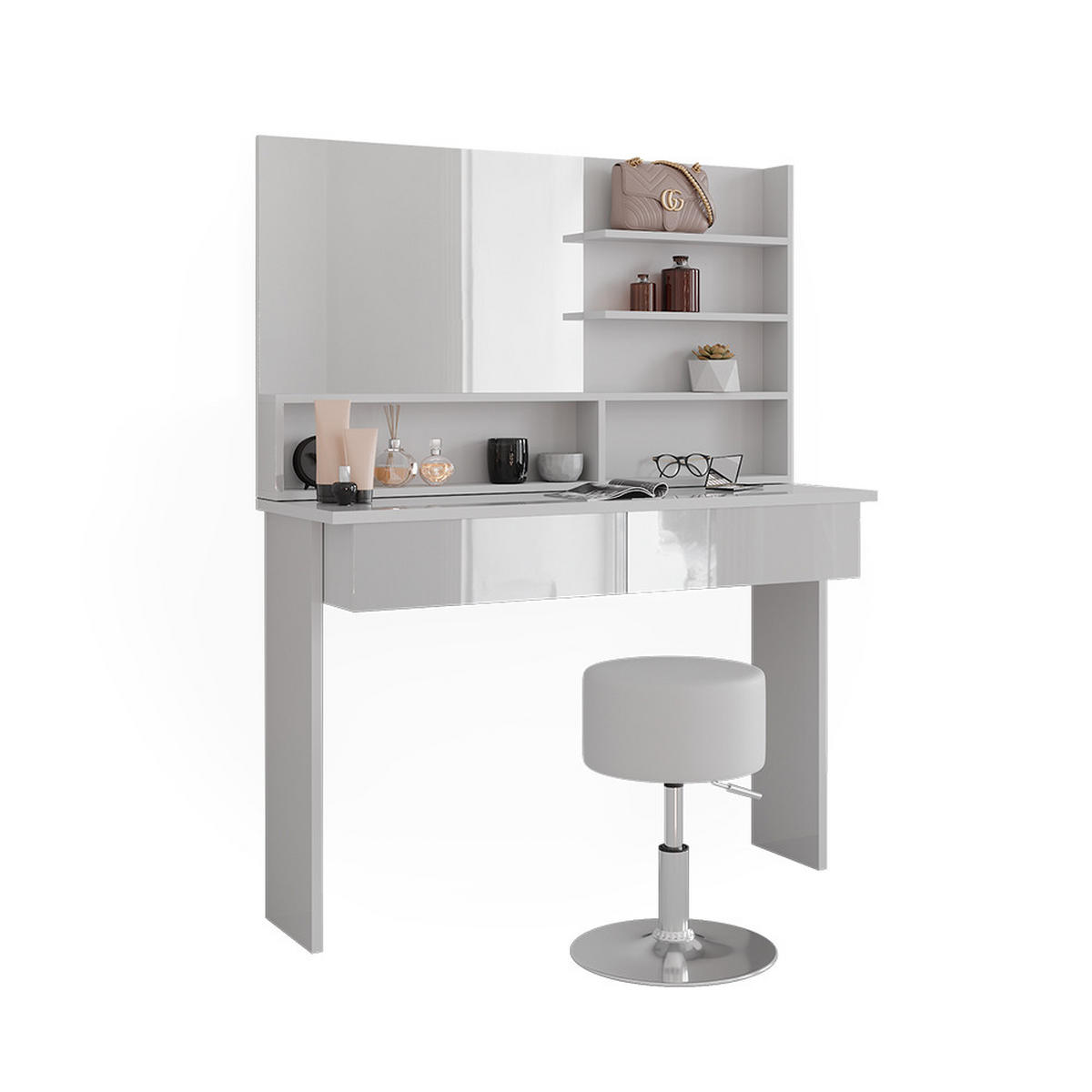 SCHMINKTISCH Azur Weiß 120 cm mit Hocker - Weiß Hochglanz/Weiß, Holzwerkstoff (120/83.5/40cm) - Vicco