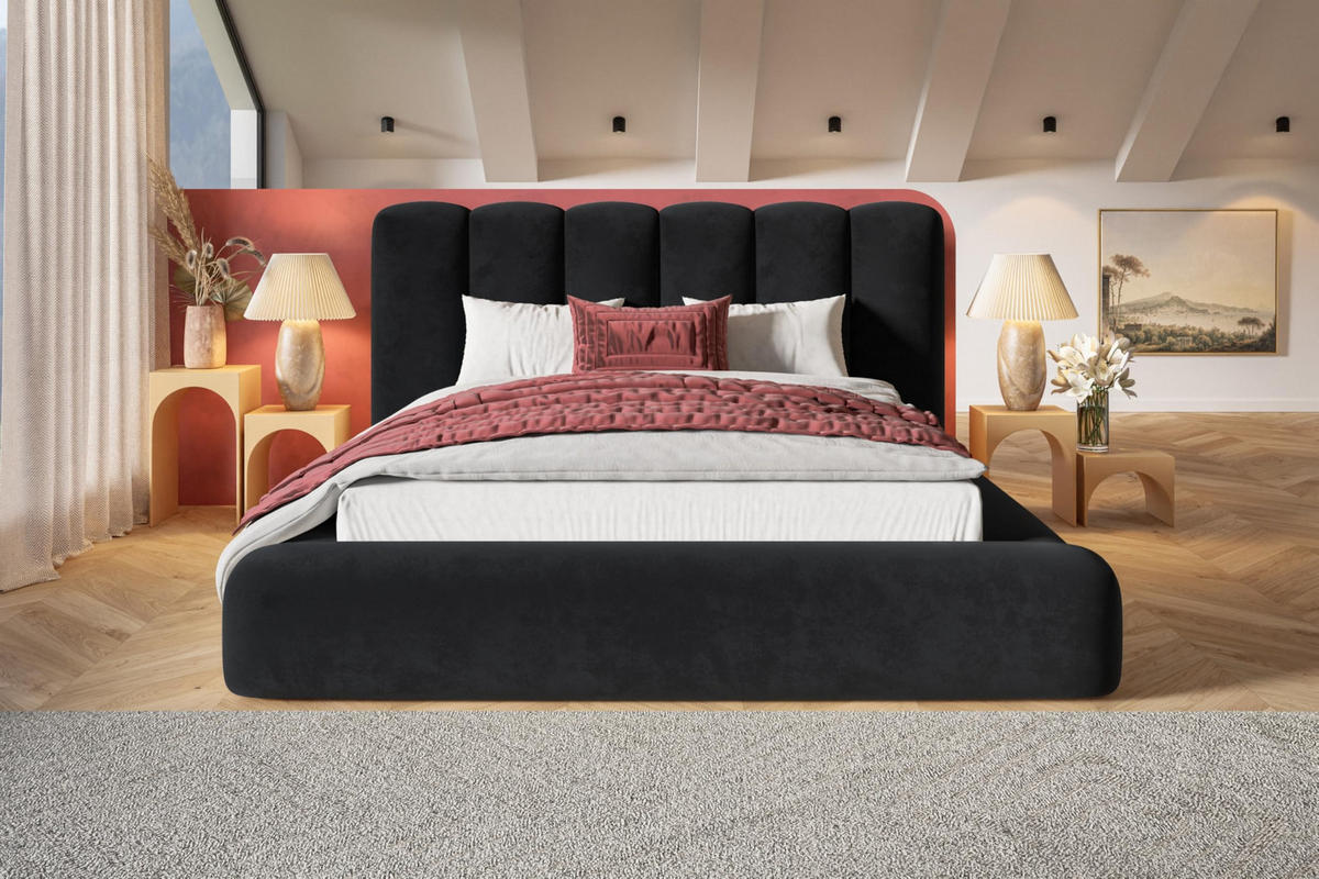 BETT 120x200 - Polsterbett mit Bettkasten und Metallrahmen - Modern Bett - Eleganter Amor-Velvet-Stoff - Kollektion Alva Maxi - Schwarz - Schwarz, Holz/Textil (120/200cm) - Alpi-Möbel