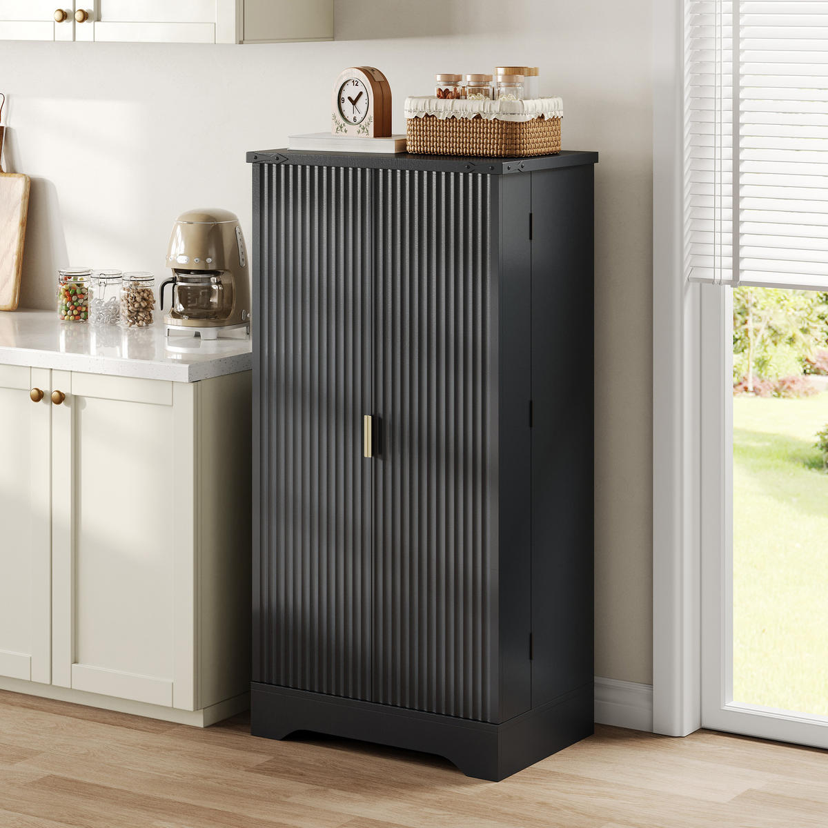 KÜCHENSCHRANK in Schwarz Küchenbuffet mit LED-Sensorlicht und Gewürzregal für Küchen und Esszimmer, B60.5/T40/H120 cm - Schwarz, Holzwerkstoff (60.5/120/40cm) - STILVORA