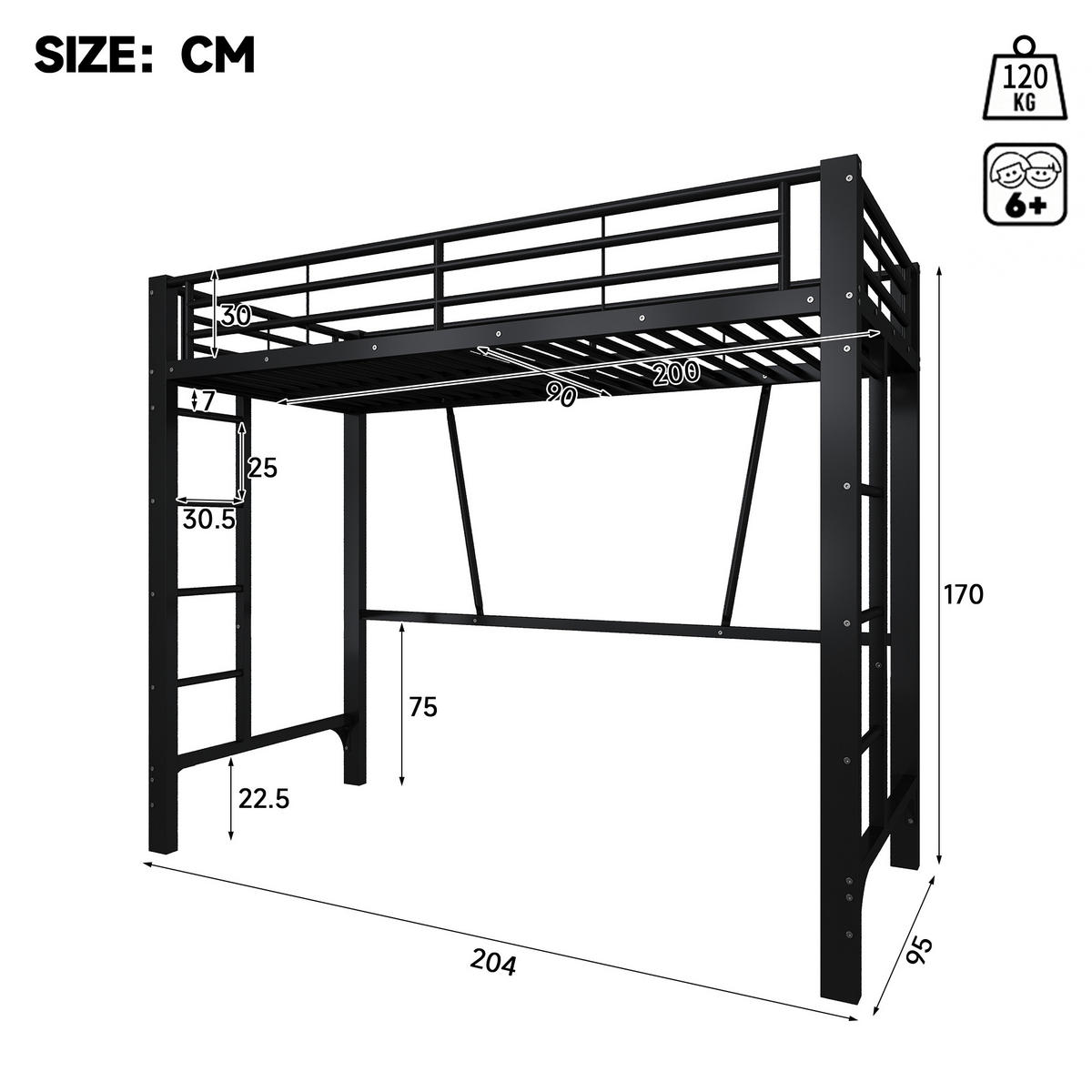 HOCHBETT 90/200 cm in Schwarz mit Doppelleiter und Schutzgeländern aus Metall - Schwarz, Metall (90/200cm) - STILVORA