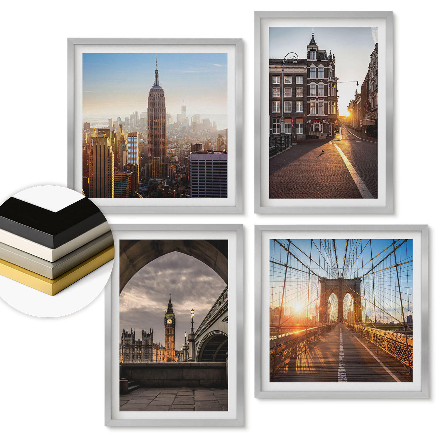 WANDBILDER 4er Set - 50x50 cm & 40x60 cm Silberner Rahmen - London-Ansichtsgemälde-Set - Silberfarben, Kunststoff (50/50cm) - ArtPrintCave