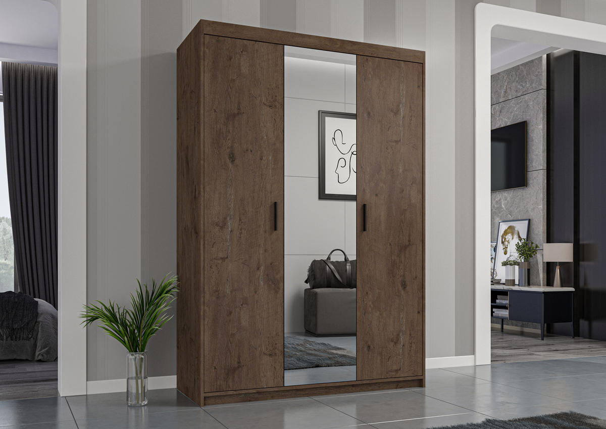 KLEIDERSCHRANK Storicos Eiche Lefkas 133/190,5/53 cm - Modern mit Spiegel 3-türig - Braun, Holzwerkstoff/Kunststoff (133/190.6/53cm) - AX Living