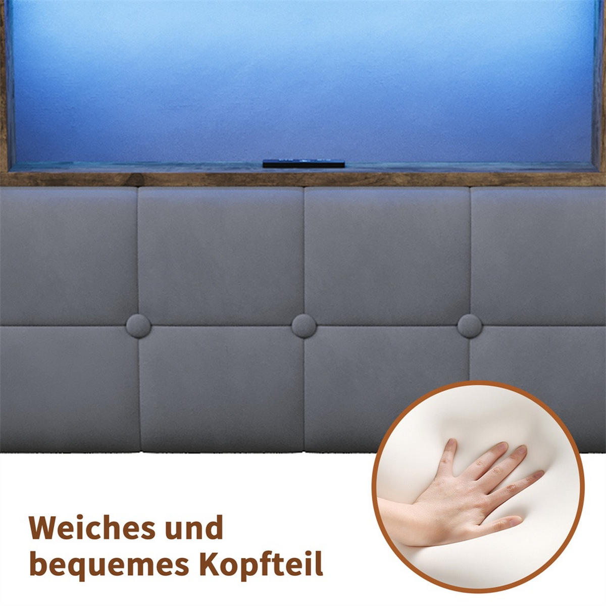 POLSTERBETT 140x200 cm mit LED-Beleuchtung - USB-Ladefunktion und 6 Schubladen - ohne Matratze - Grau - Grau, Textil (140/200cm) - DELFA
