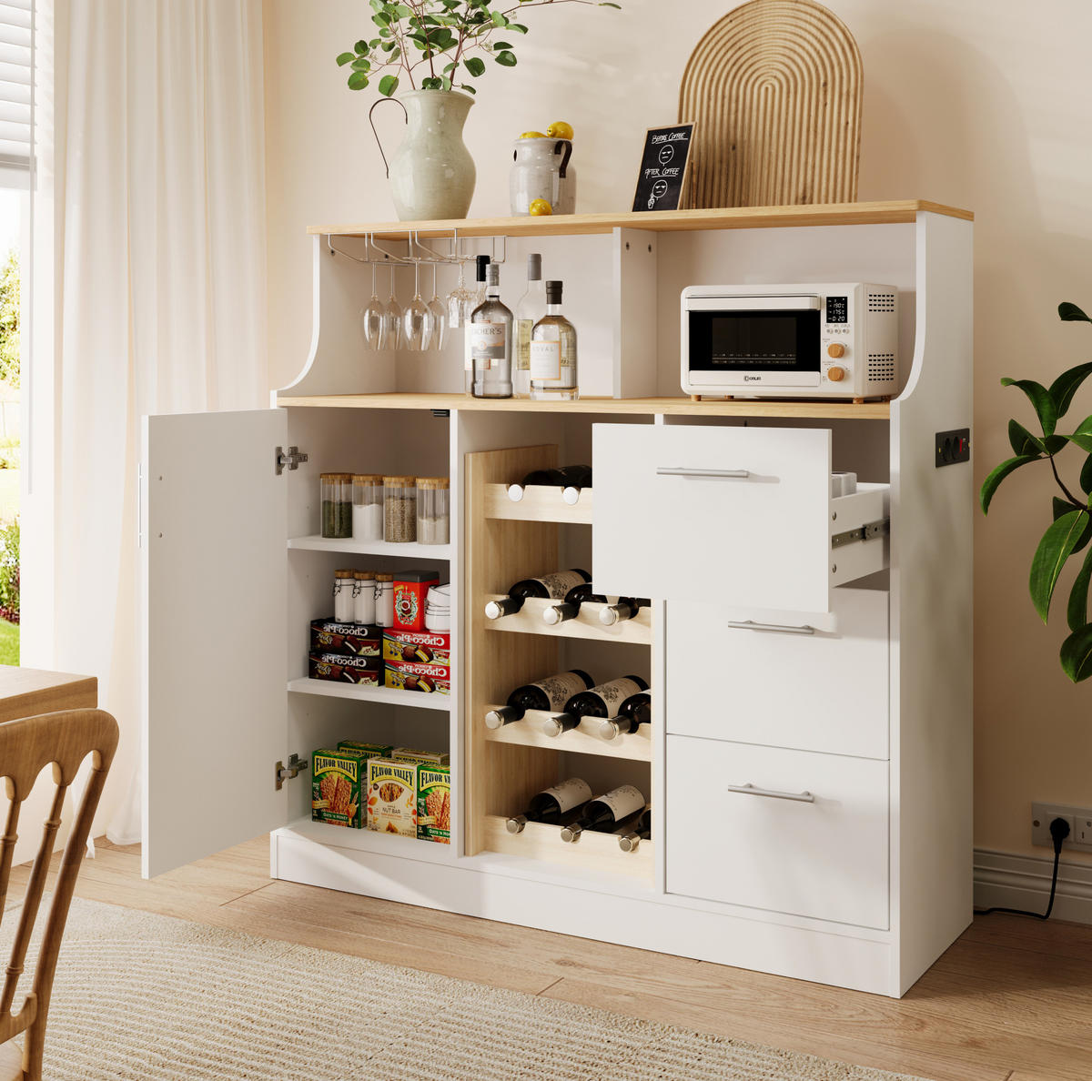 SIDEBOARD 120/40/121 cm mit Weinregal, LED und 3 Schubladen in Weiß/Natur - Weiß, Holzwerkstoff (120/121/40cm) - BEAOK