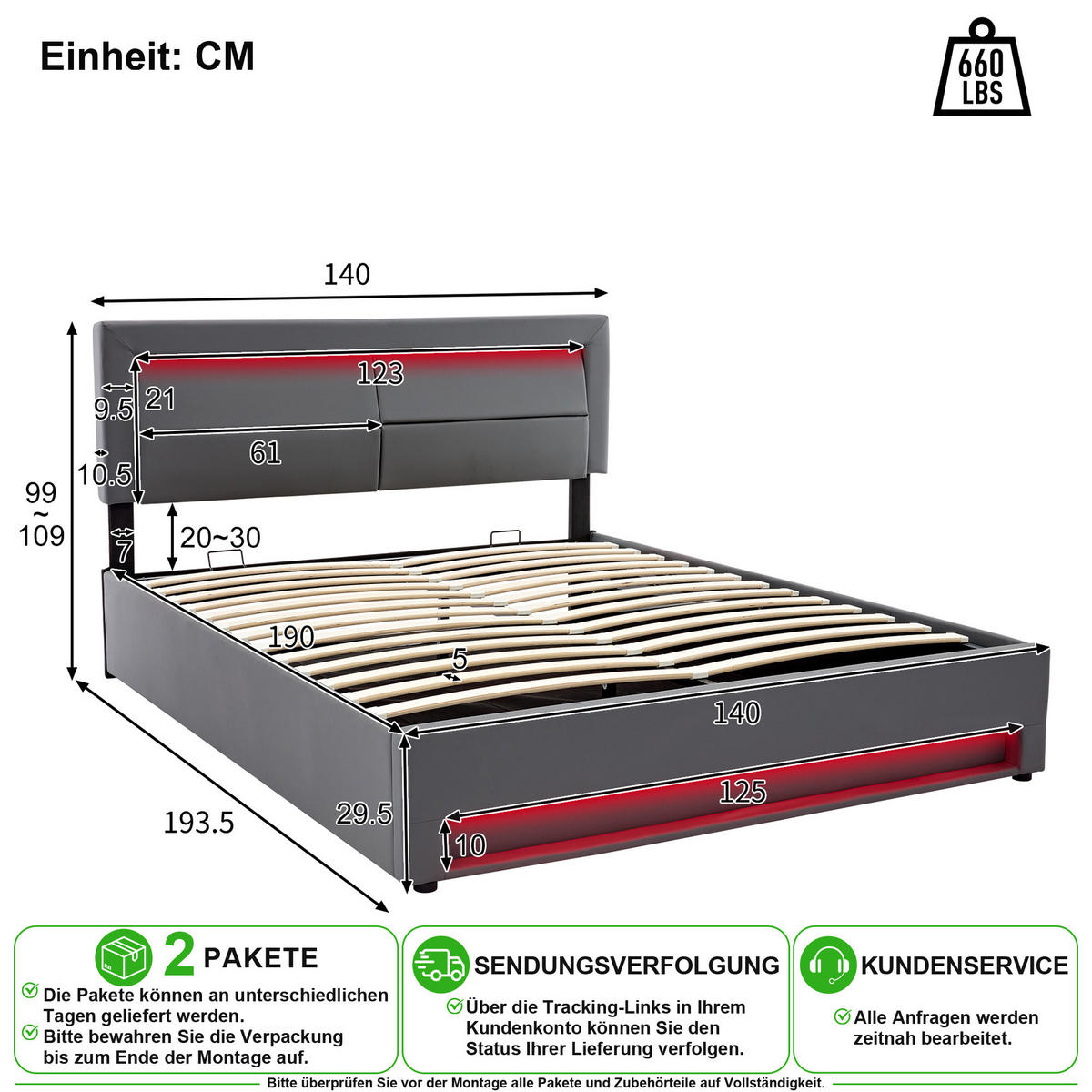 POLSTERBETT 140/190 cm in Grau mit Bettkasten, LED und USB - Grau, Holzwerkstoff/Textil (140/190cm) - CHICFURN