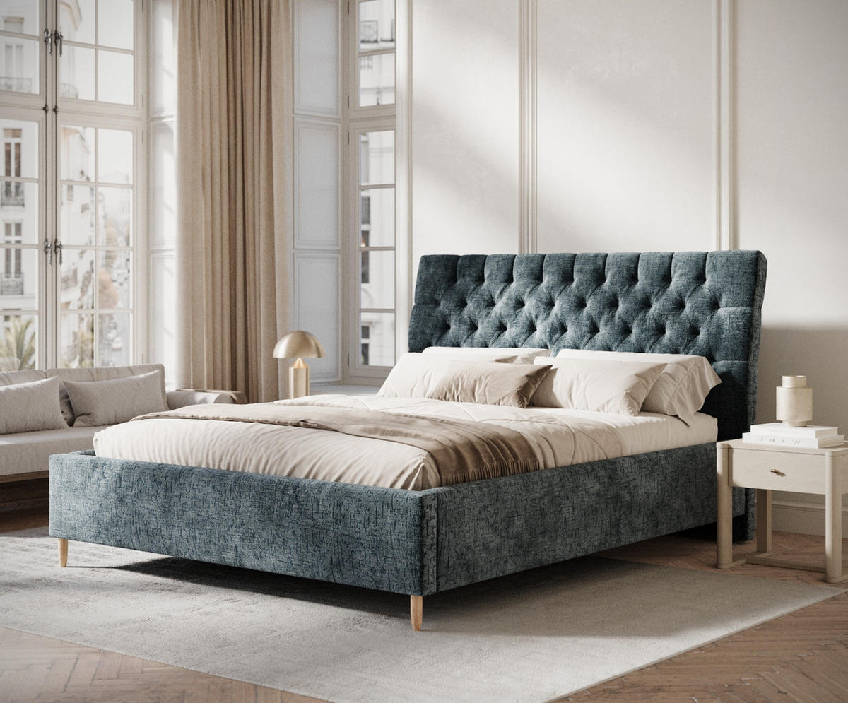 POLSTERBETT Vezzola Blau 160/200 cm im Chenille-Stoff - Blau/Naturfarben, Holz/Holzwerkstoff (160/200cm) - Maison de Reve