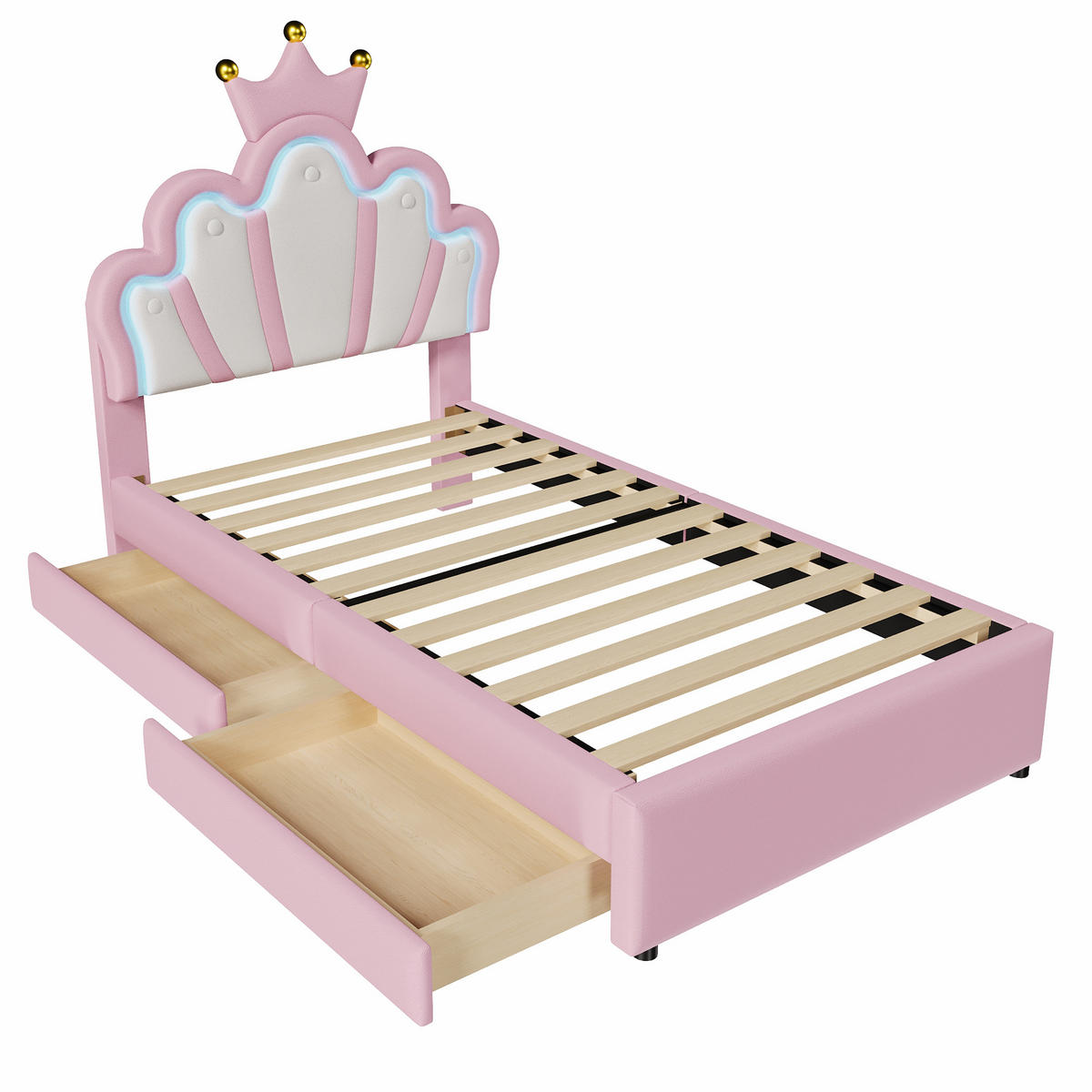 POLSTERBETT 90/200 cm DE-04645, mit LED, 2 Schubladen und Krone in Rosa - Pink, Holzwerkstoff (90/200cm) - ComfortXL