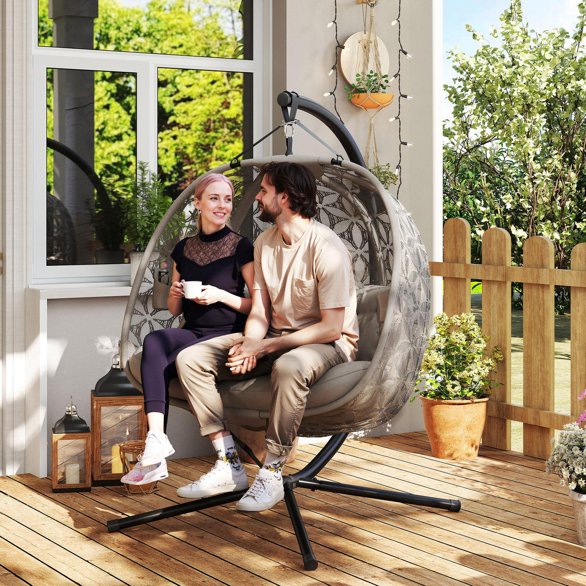 HÄNGESESSEL Mit Gestell DE-07068 mit Becherhaltern, Sicherheitsgurt - Sandfarben, Metall (126/176/126cm) - ComfortXL