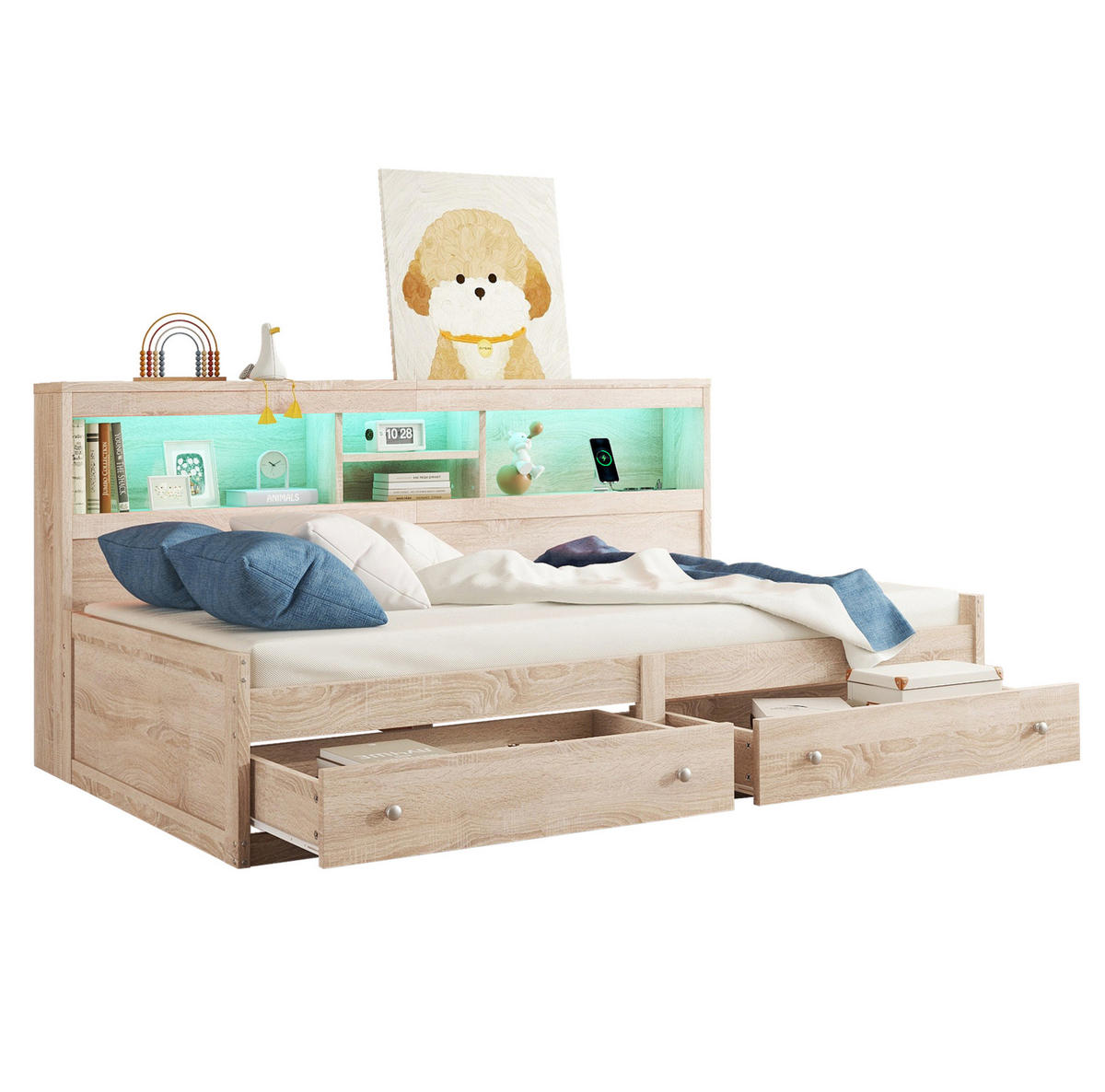 KINDERBETT 90/200 cm in Natur mit LED-Beleuchtung und 2 USB-Anschlüssen - Naturfarben, Holzwerkstoff (90/200cm) - Flora Grace