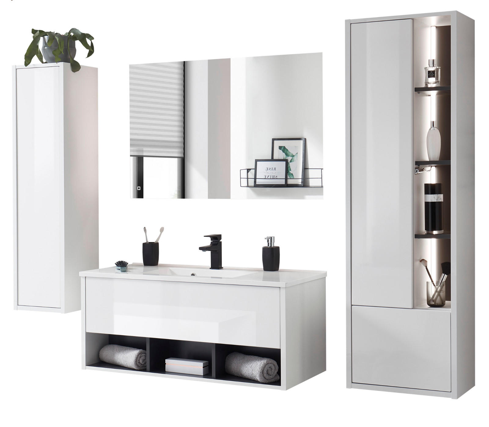 BADMÖBEL-SET weiß Hochglanz, grau, Komplettset mit Waschbecken und LED Beleuchtung 195 cm - Weiß Hochglanz/Grau, Glas/Holzwerkstoff (195/190/47cm) - Furn.Design