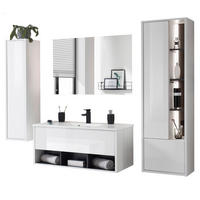 BADMÖBEL-SET weiß Hochglanz, grau, Komplettset mit Waschbecken und LED Beleuchtung 195 cm - Weiß Hochglanz/Grau, Glas/Holzwerkstoff (195/190/47cm) - Furn.Design