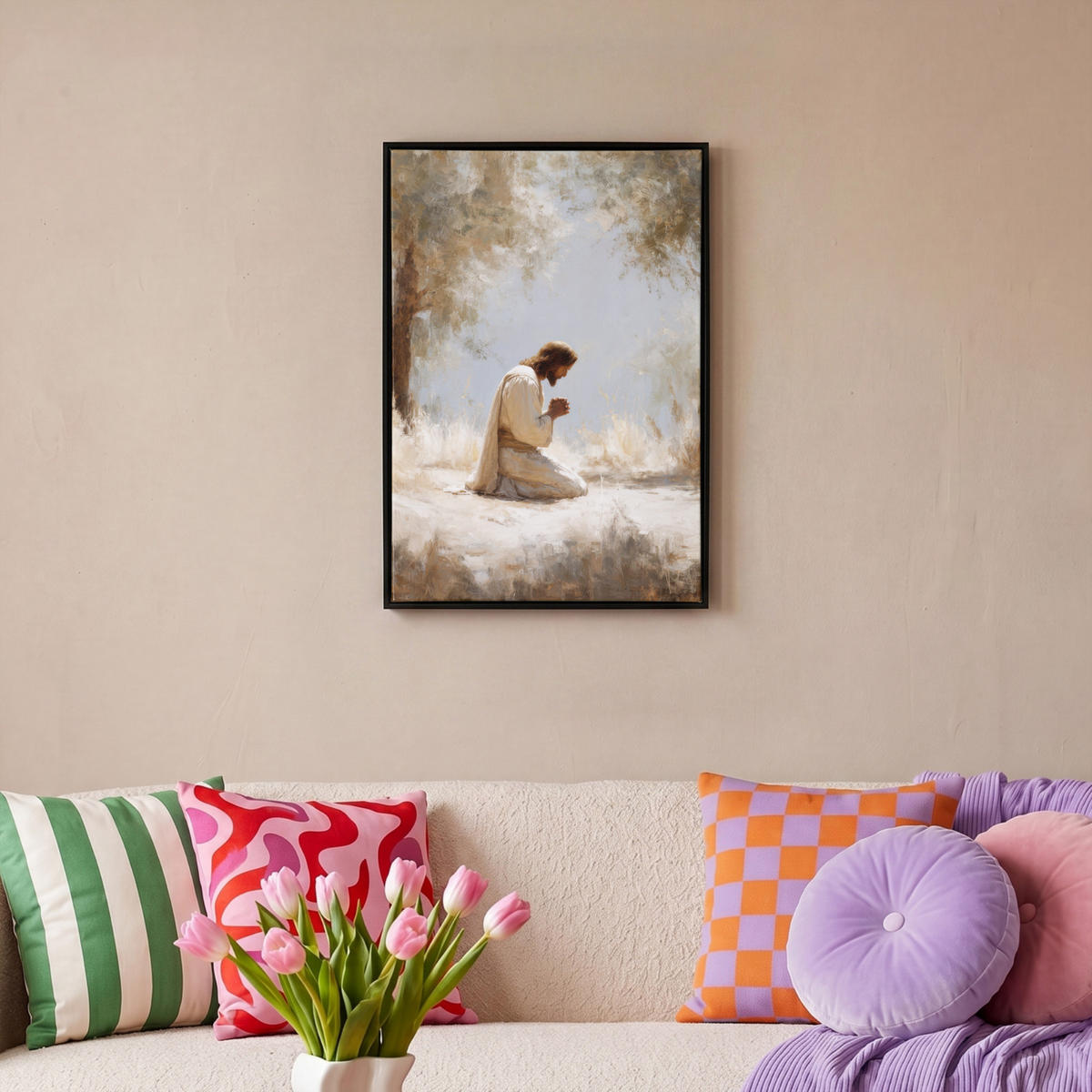 LEINWAND Bilder mit Rahmen - Jesus - Kniend - Waldlandschaft - Betend - 40x60 - Beige, Textil (40/60cm) - MuchoWow