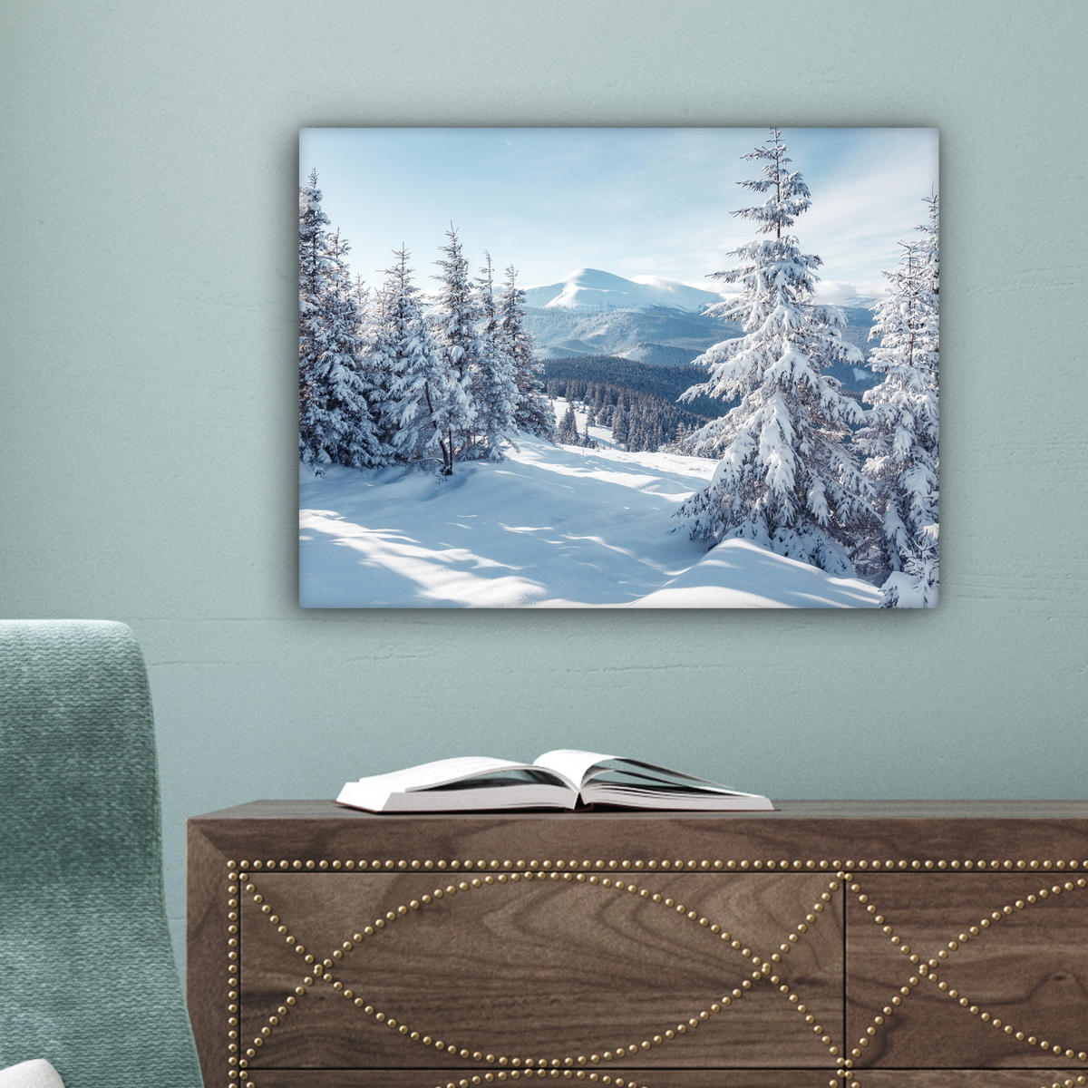 LEINWANDBILD Winterlandschaft - Natur - Berge - Bäume - Schnee Wandbild 40x30 cm - Hellblau, Textil (40/30cm) - MuchoWow