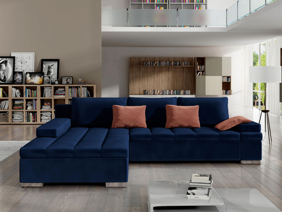 ECKSOFA Bangkok, Seite: Links - Silberfarben/Dunkelblau, Holz/Textil (310/175cm) - MIRJAN24