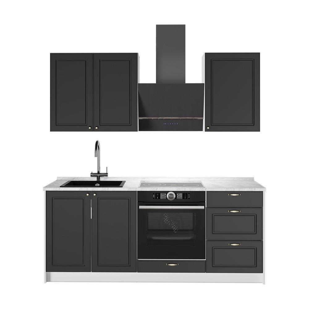 SINGLEKÜCHE Fame-Line, Anthrazit-Gold Landhaus/Weiß, 190 cm, AP Marmor - Anthrazit/Weiß, Holzwerkstoff (190/82/60cm) - Vicco