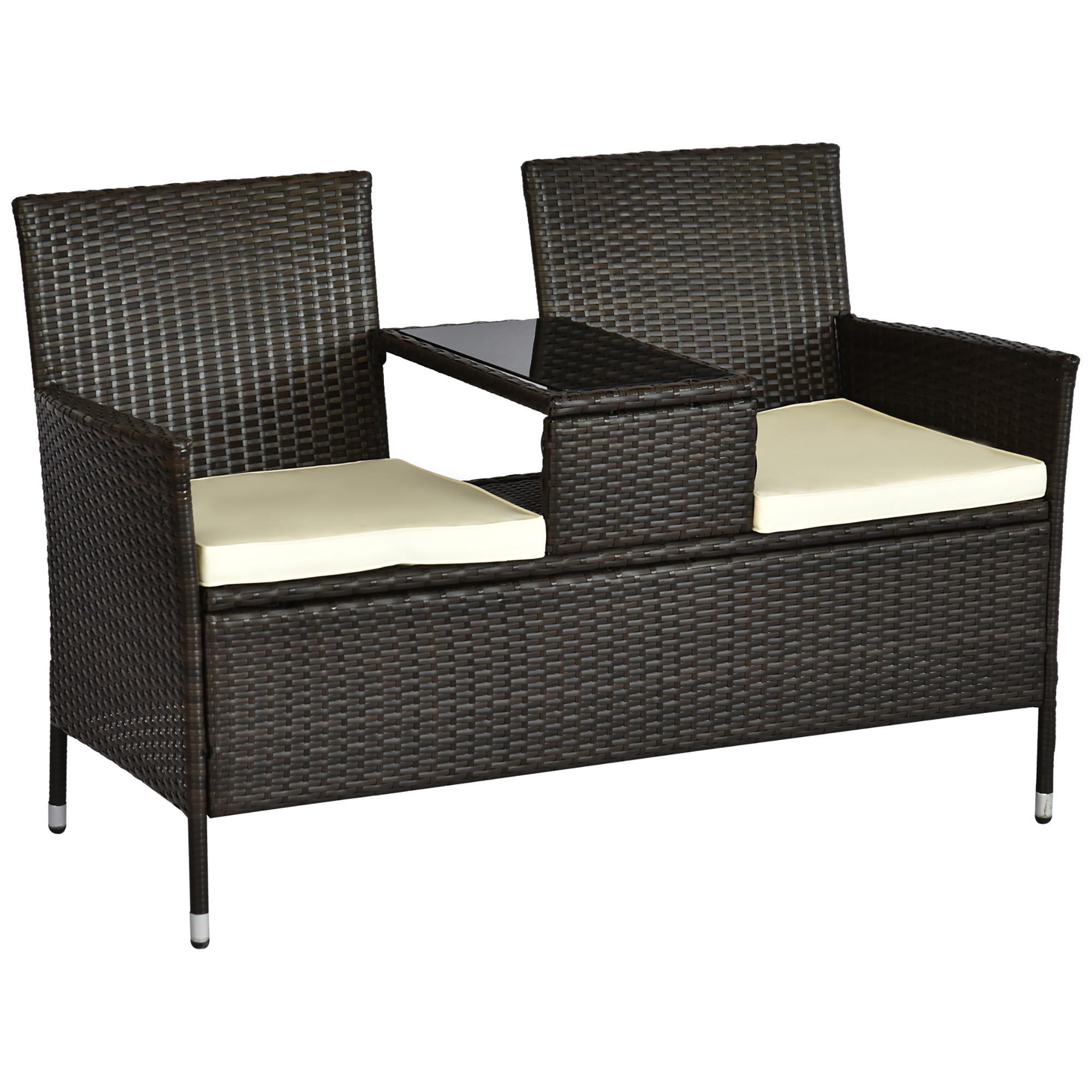 POLYRATTAN Gartenbank mit Tisch 2-Sitzer Stahl Braun B133 x T63 x H84cm - Braun, Kunststoff (63/84/133cm) - Outsunny