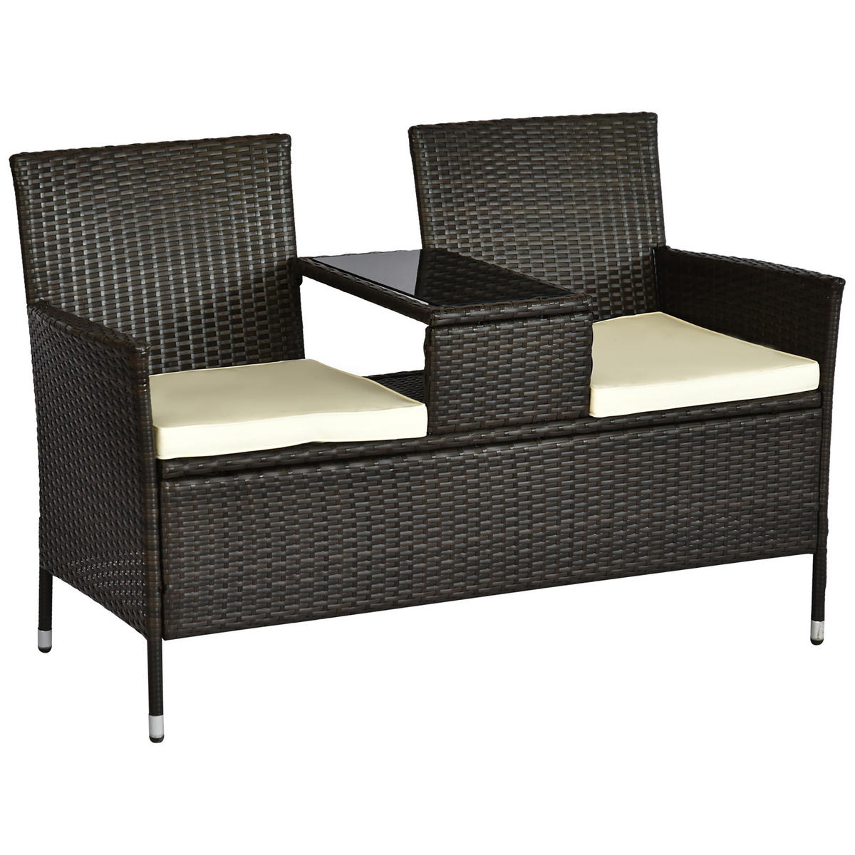 POLYRATTAN Gartenbank mit Tisch 2-Sitzer Stahl Braun B133 x T63 x H84cm - Braun, Kunststoff (63/84/133cm) - Outsunny