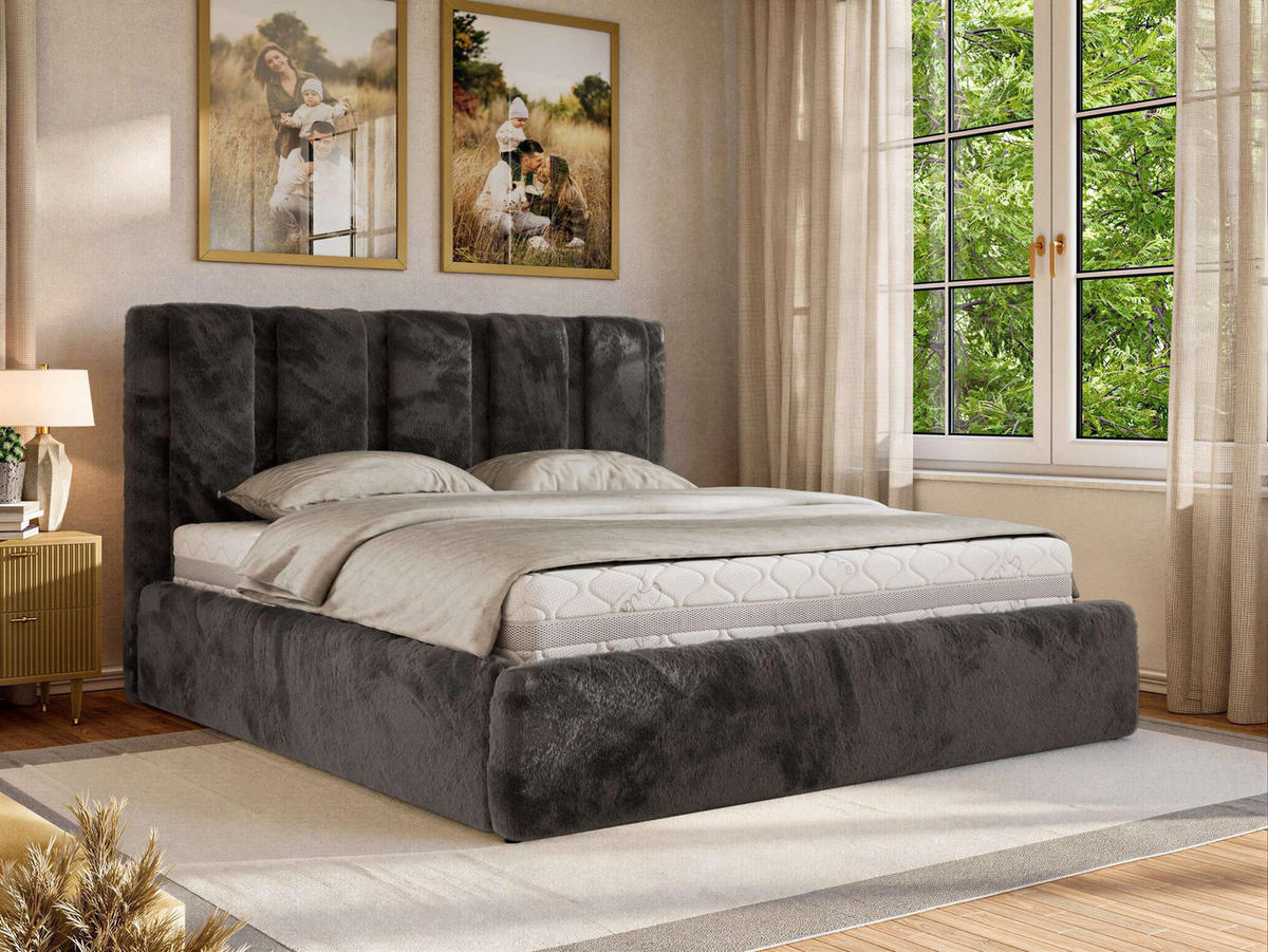 POLSTERBETT SAVINO CLASSIC 140/200 - Dunkelgrau Plüsch - Schaum-Matratze - Dunkelgrau, Textil (140/200cm) - MKS