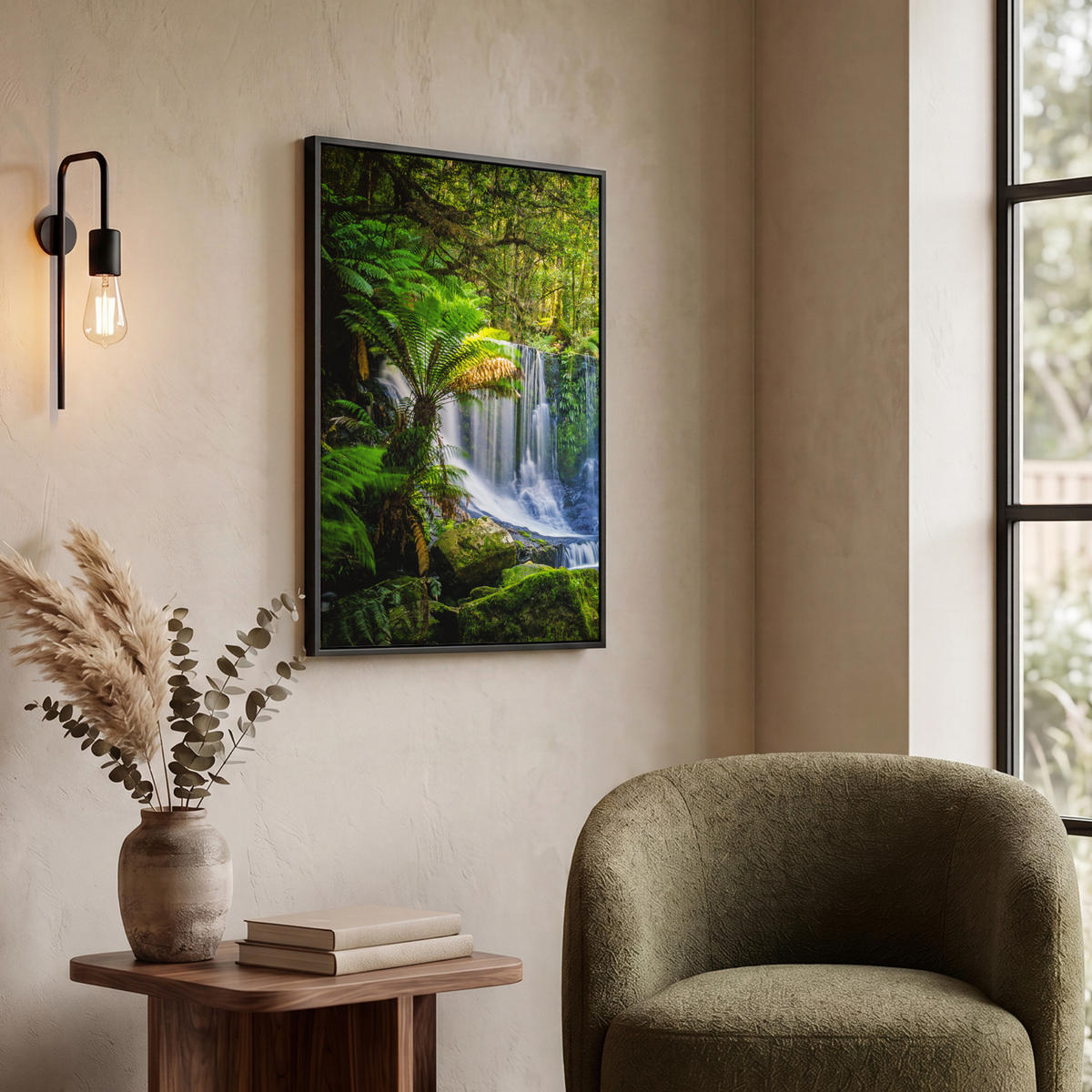 LEINWAND Bilder mit Rahmen - Dschungel - Wasserfall - Australien - Pflanzen - Natur - 60x80 - Dunkelgrün, Textil (60/80cm) - MuchoWow