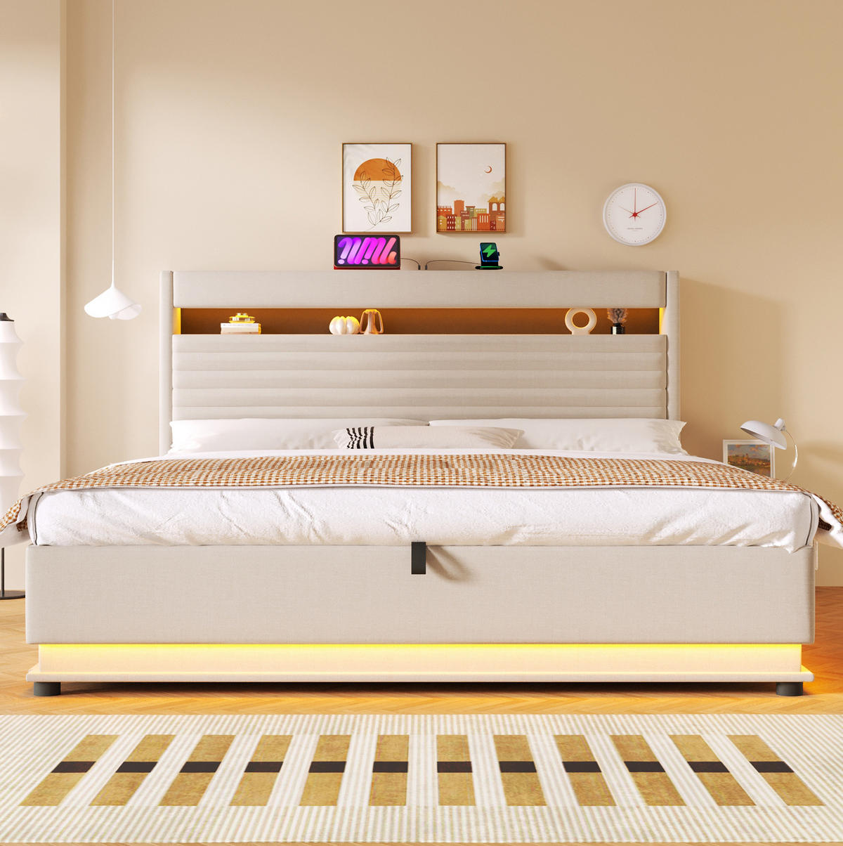 POLSTERBETT 180/200 cm mit LED-Beleuchtung, USB- und Typ-C-Anschluss, hydraulischem Stauraum und Kopfteilfach, Beige - Beige, Textil (180/200cm) - Redom