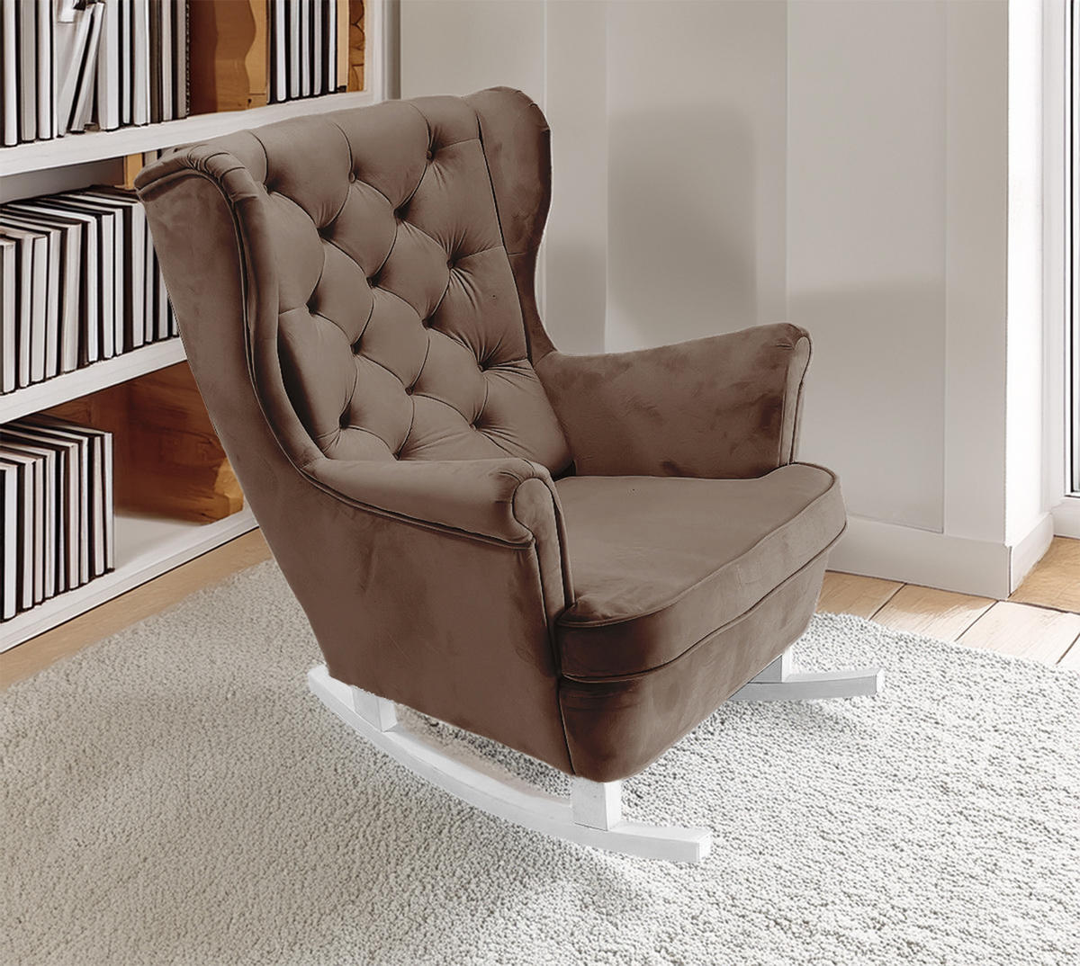 SCHAUKELSESSEL mit gepolstertem Sitz und Armlehnen, 102x81x95 cm, Braun_29814 - Weiß/Braun, Holz/Textil (81/102/95cm) - DomoHome