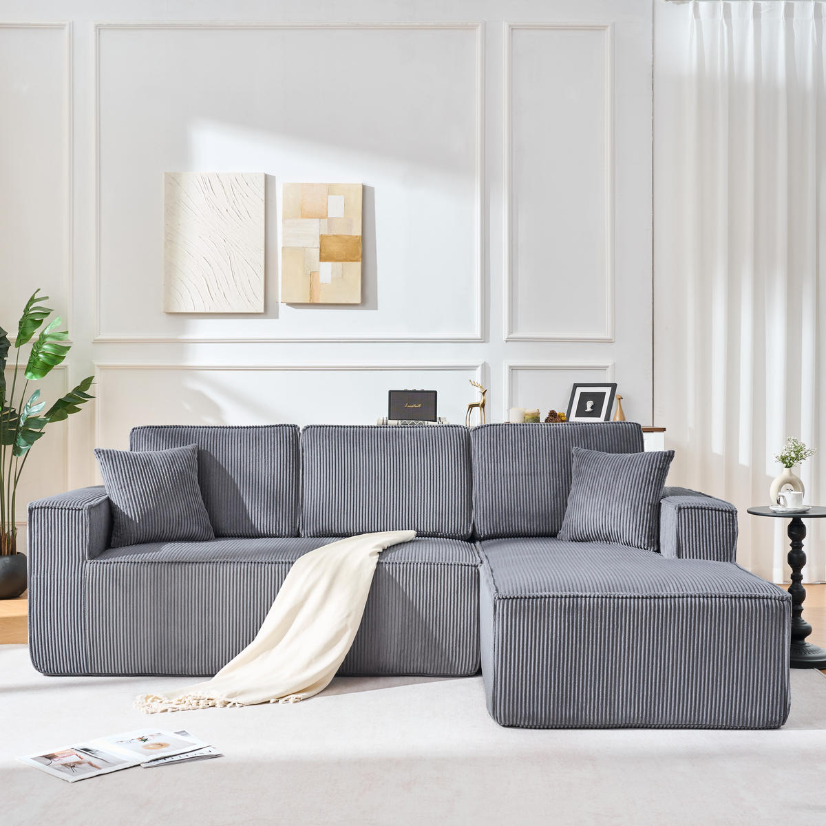 3-SITZER ECKSOFA Cord Grau mit Kissen - Grau, Textil (235/128cm) - WISHDOR
