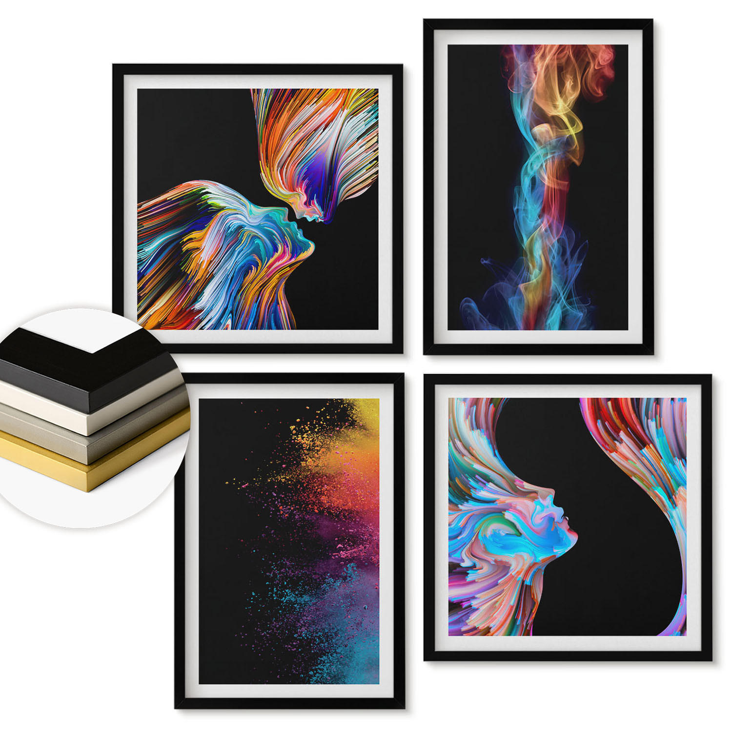 WANDBILDER 4er-Set - 50x50 cm & 40x60 cm Schwarzer Rahmen - Farbenfrohe Abstraktionen, Gesichter, Formen - Schwarz, Kunststoff (50/50cm) - ArtPrintCave