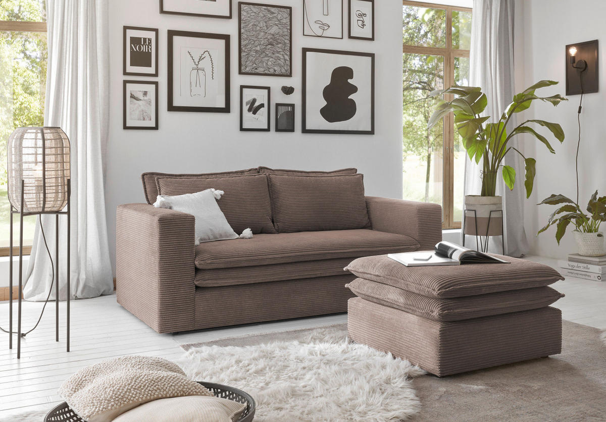 SOFA-SET braun Cord, Couch 2-Sitzer inklusive Hocker - Beige/Braun, Holz/Textil (180/83/161cm) - Furn.Design
