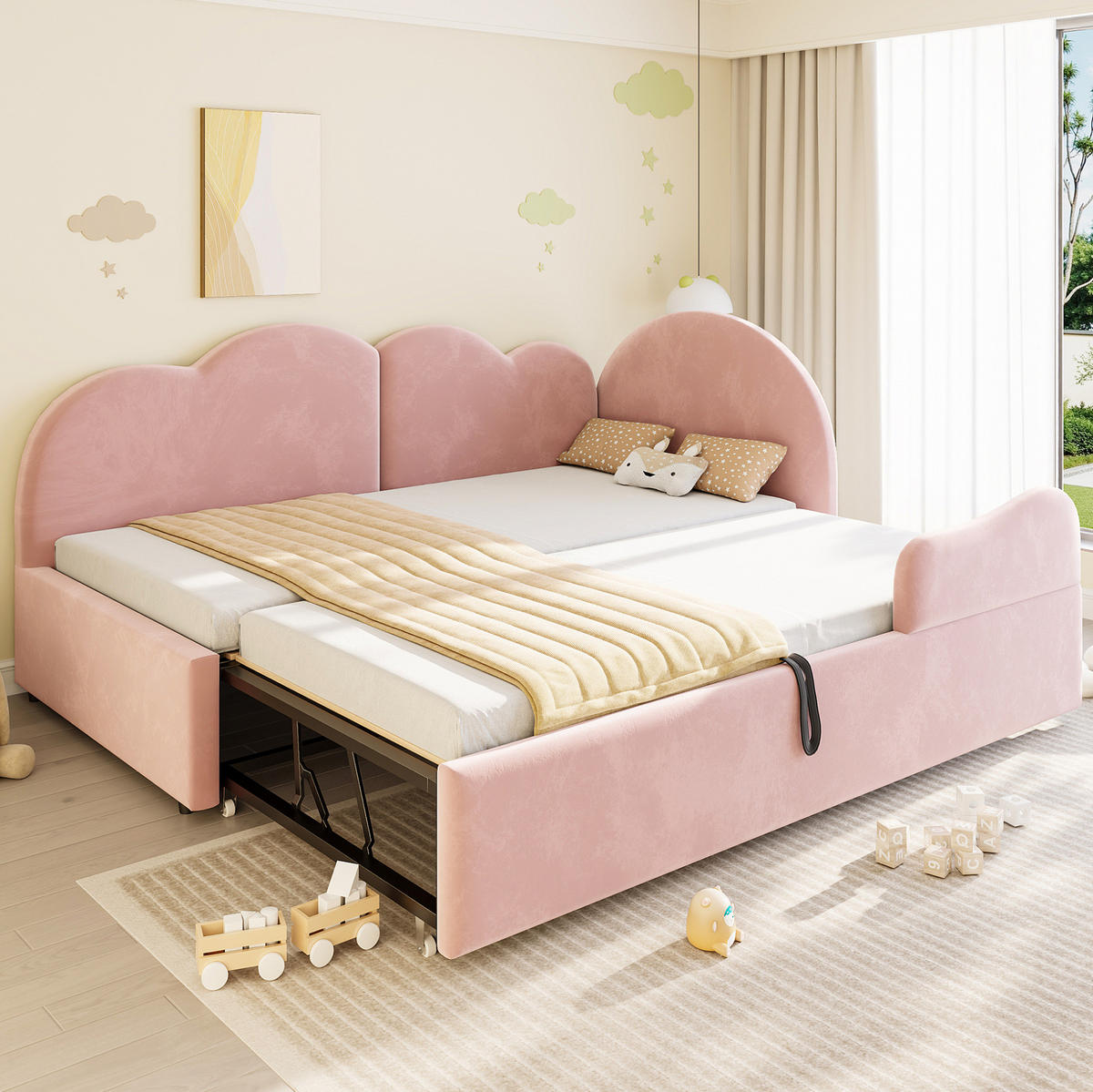 POLSTERBETT 90/200 cm aus Samt mit Wolken-Kopfteil, Pink - Pink, Textil (90/200cm) - OKMYHOME
