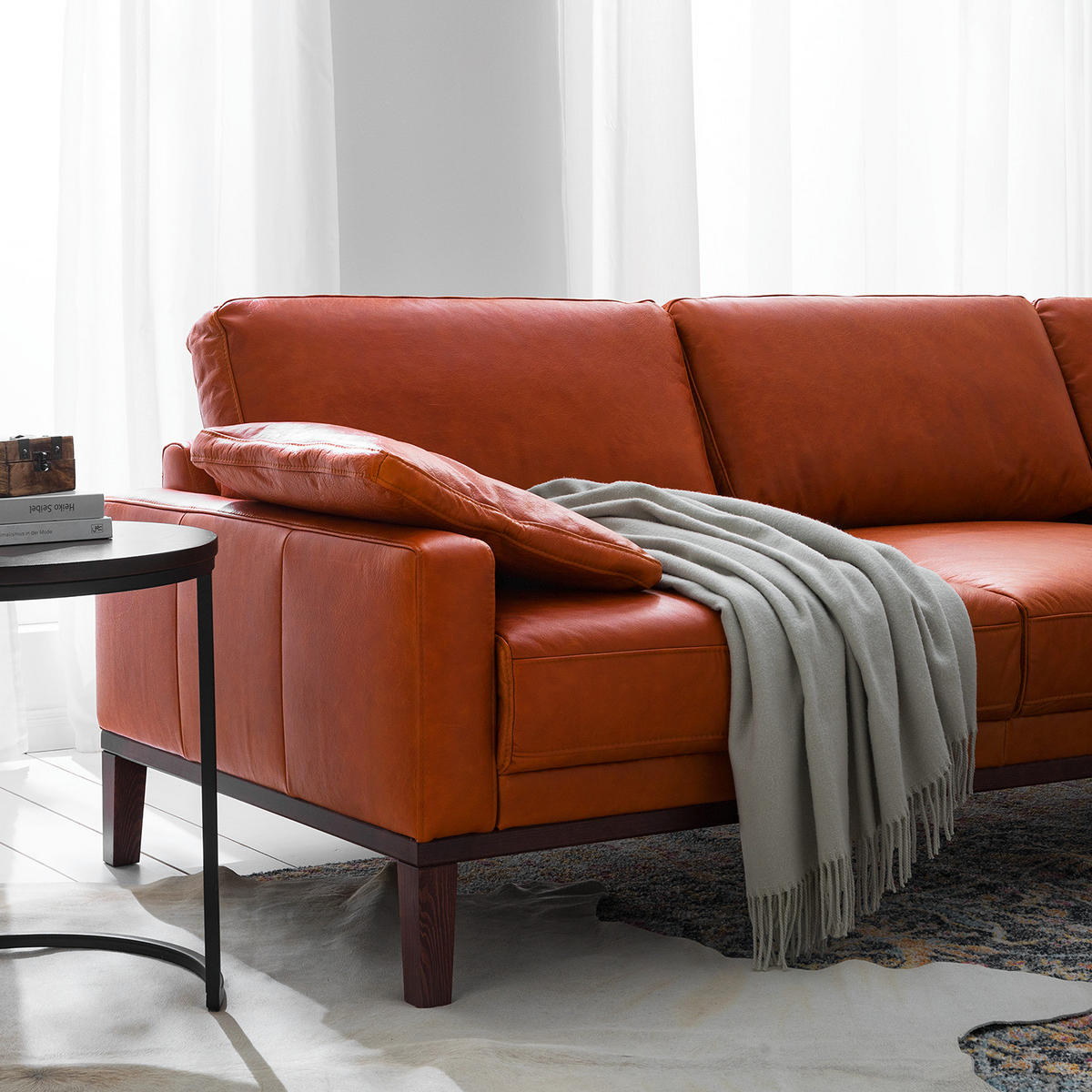 ECKSOFA mit Longchair - Cognac/Dunkelbraun, Leder/Holz (249/171cm) - home24