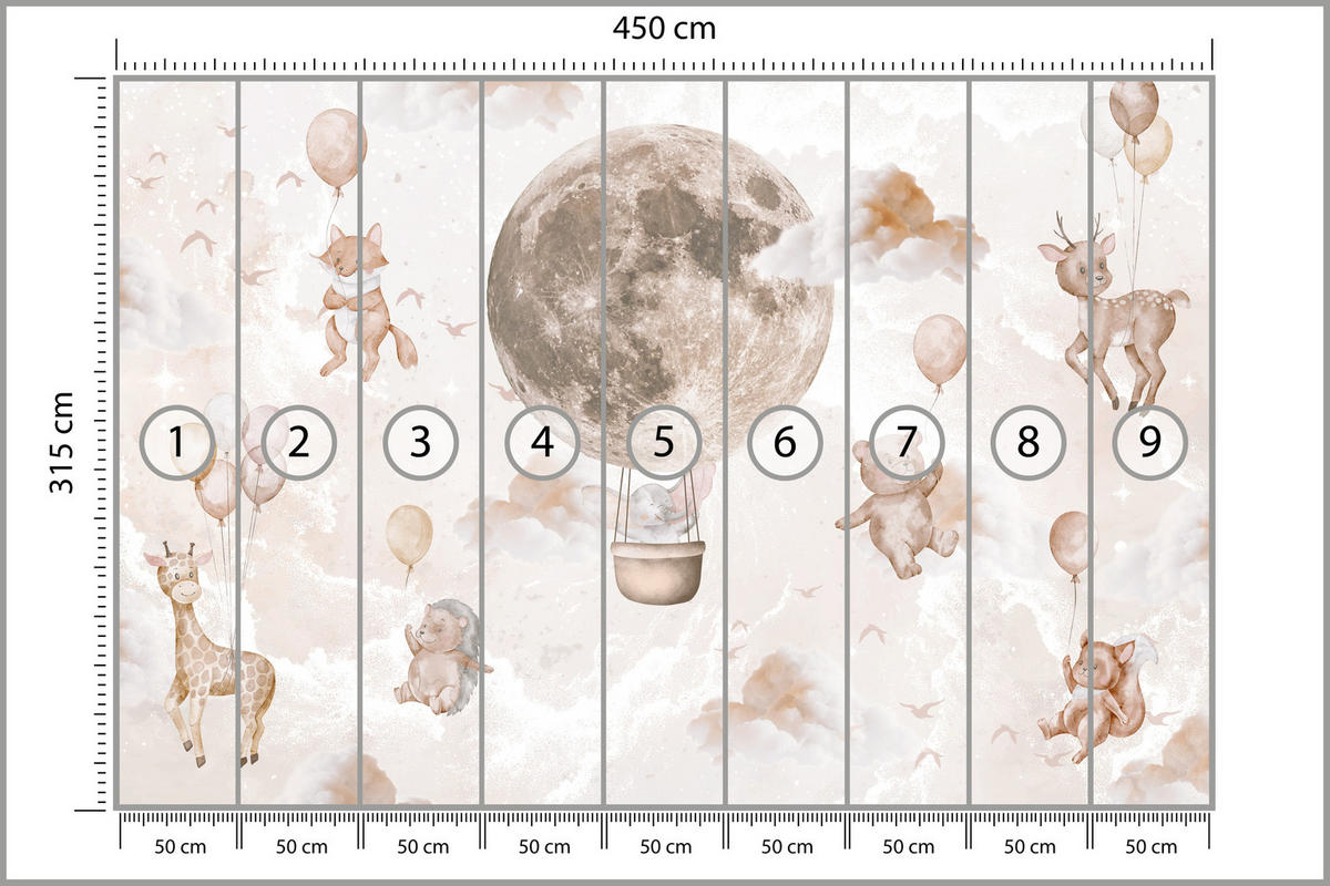 FOTOTAPETE für Kinderzimmer Mond Ballons Bär Rehkitz Giraffe Wolken 450x315 - Beige/Rosa, Papier (450/315cm) - Muralo